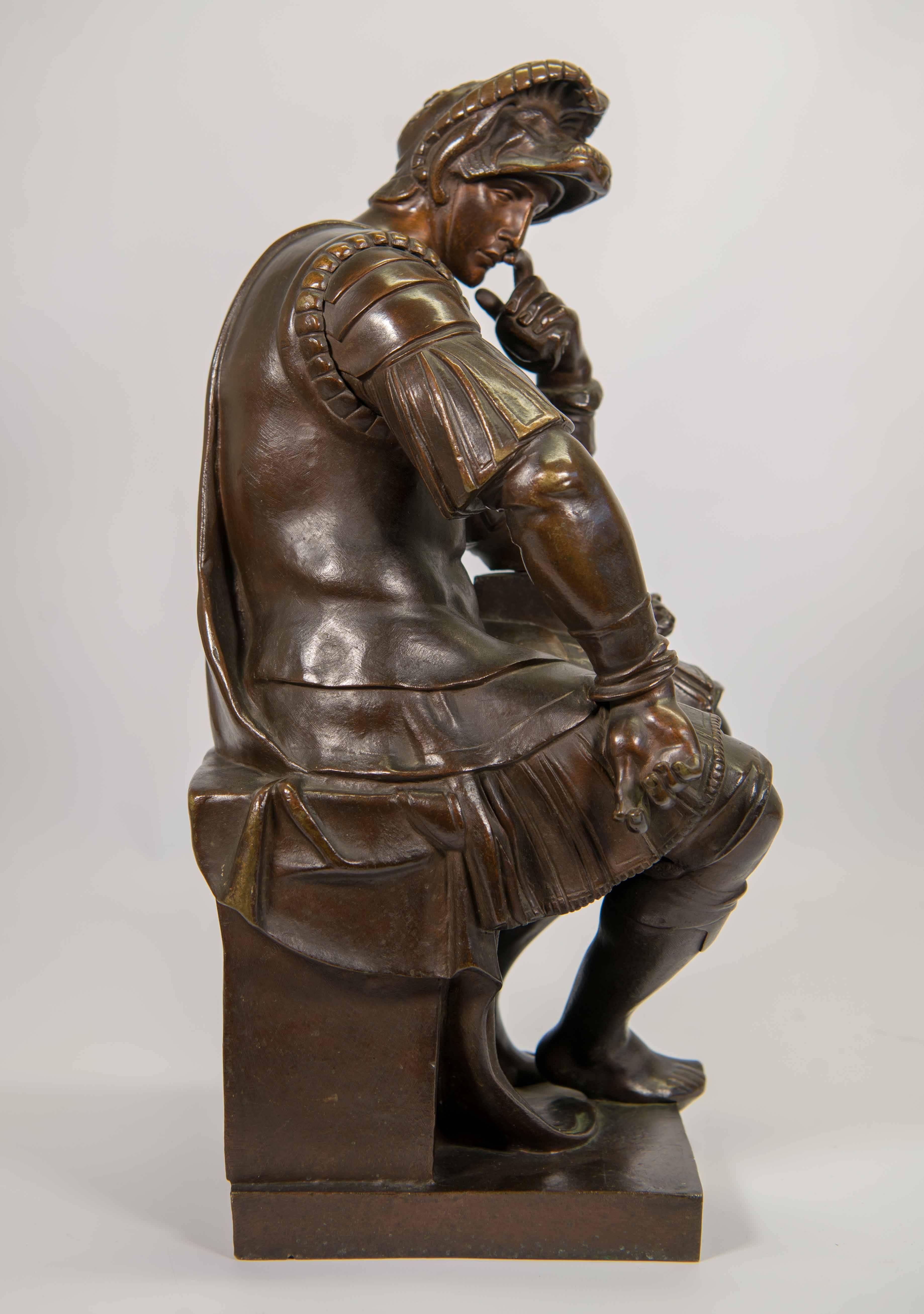 We have this very nice bronze statue likely by Michel Ange Pollet (1815-1870). The statue shows Lorenzo Di Piero de' Medici. The statue is made of patinated bronze and is dark brown in color. The statue was designed by Michelangelo and is standing
