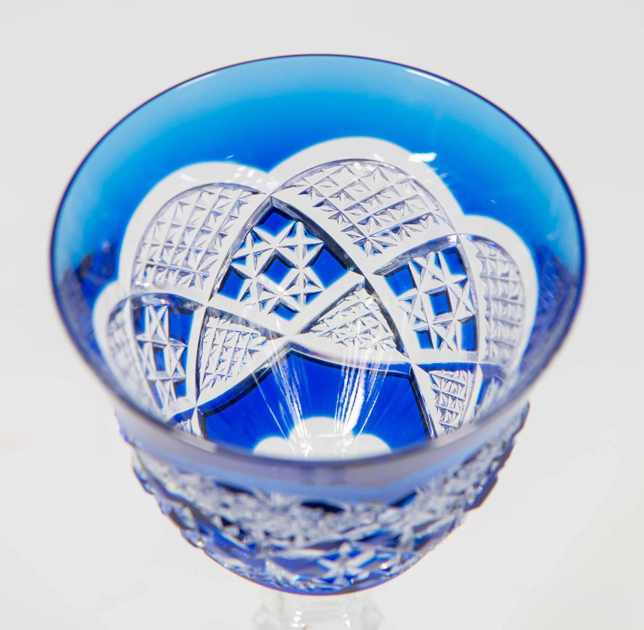 Mid-Century Modern Set of Six Cobalt Blue Val Saint Lambert Glasses in Crystal Made in Belgium