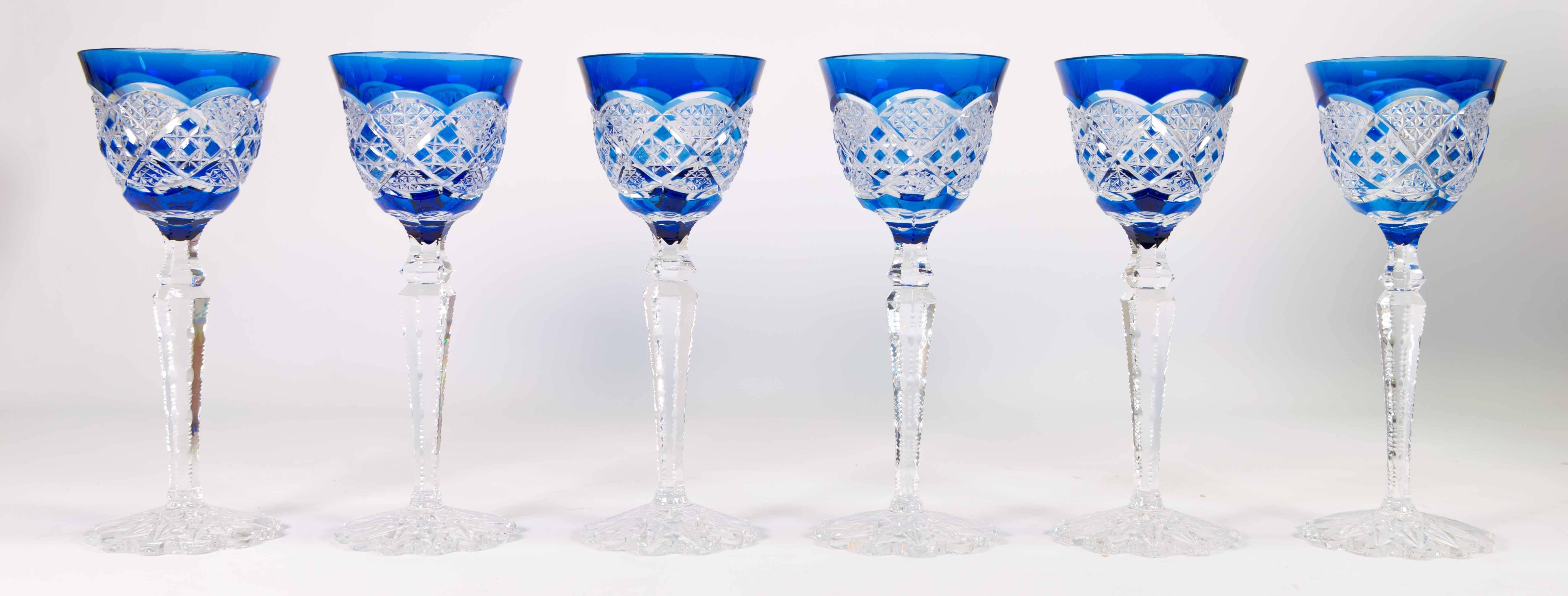 Set of Six Cobalt Blue Val Saint Lambert Glasses in Crystal Made in Belgium 1