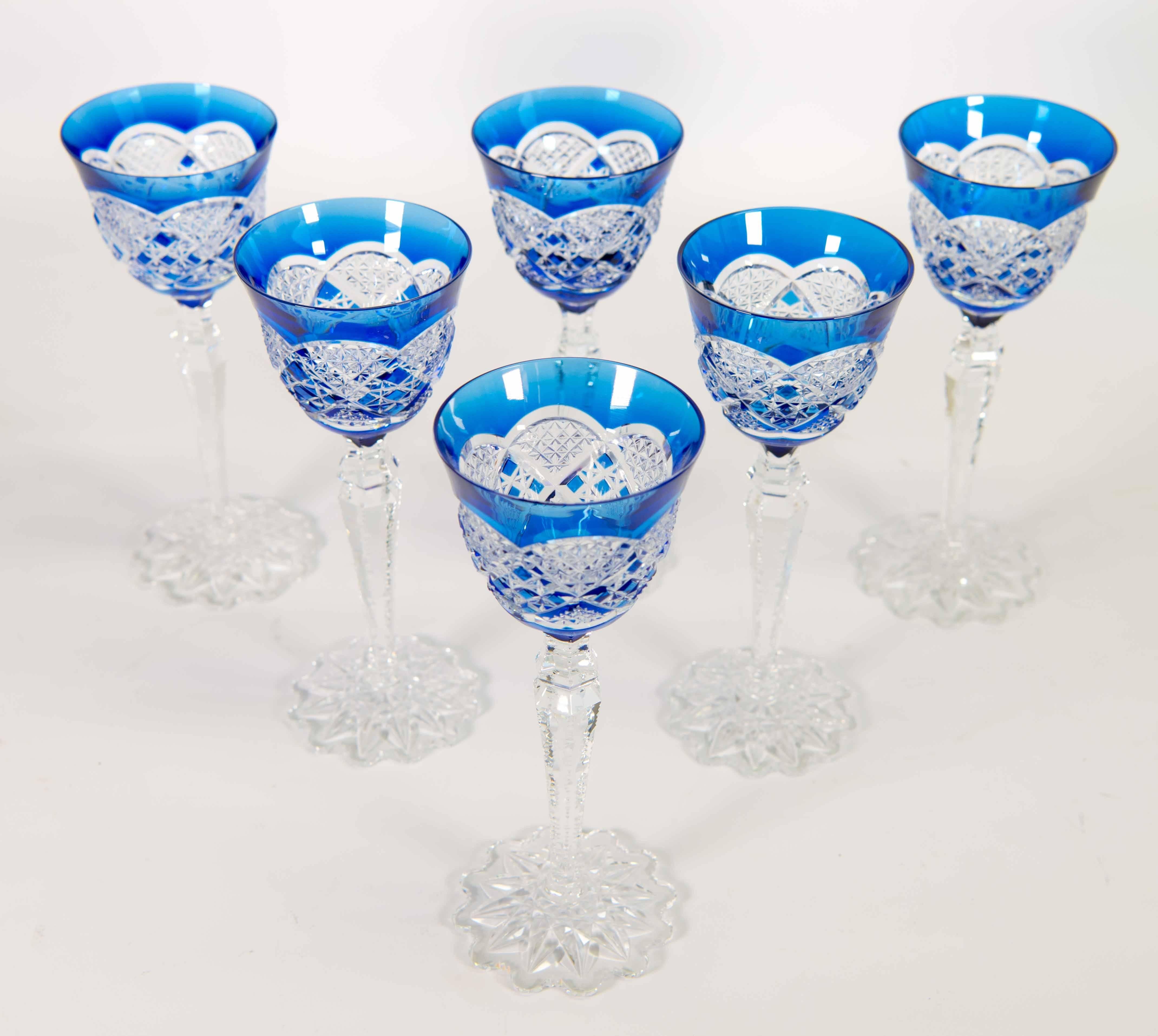 Mid-20th Century Set of Six Cobalt Blue Val Saint Lambert Glasses in Crystal Made in Belgium