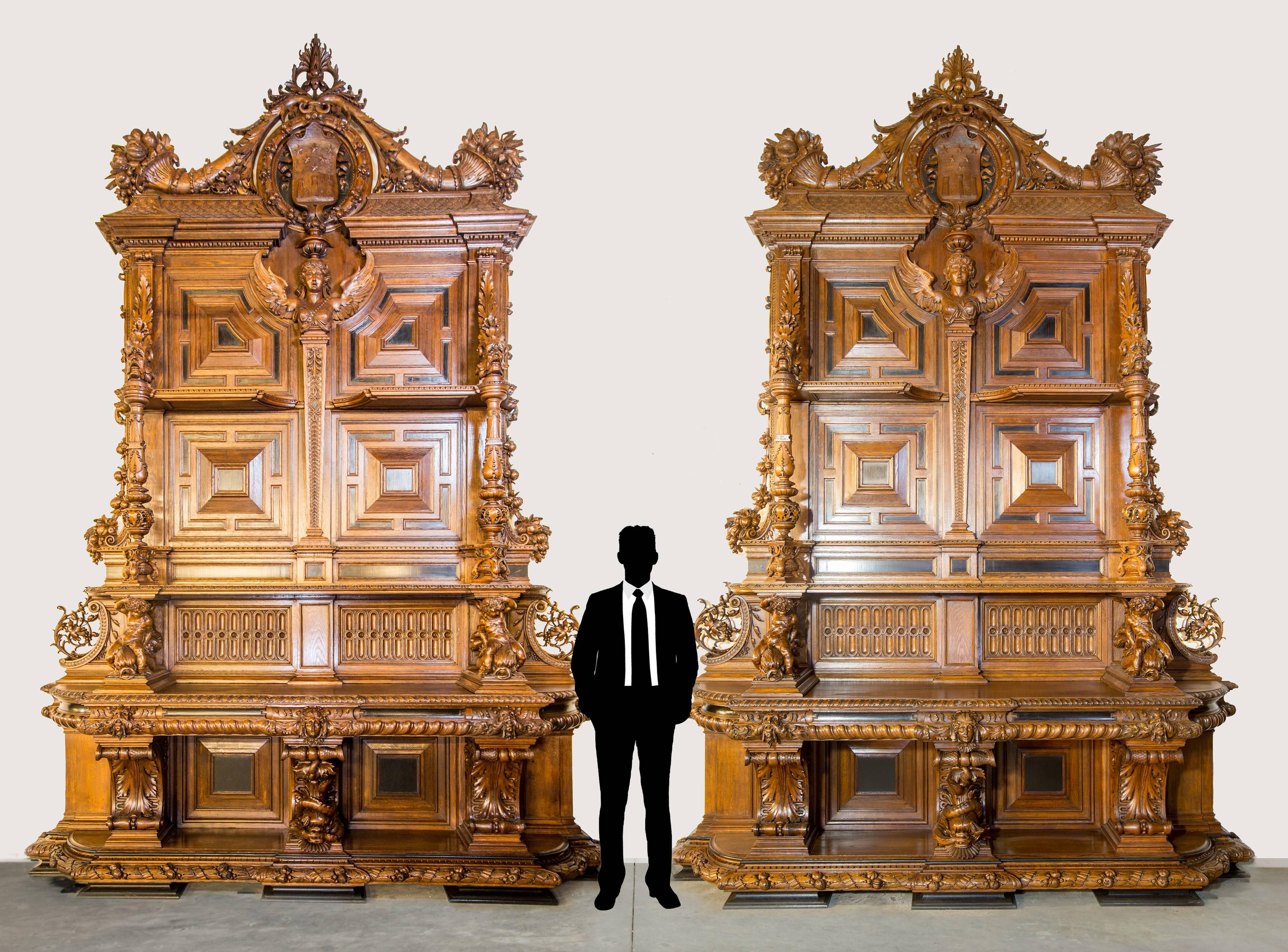 Monumental pair of console cabinets dating to the late 19th century. 

The consoles come with their fully documented history. 
Designed in 1879, manufactured between 1880 and 1882 and finished in 1882. 

Consoles are made up of six individual