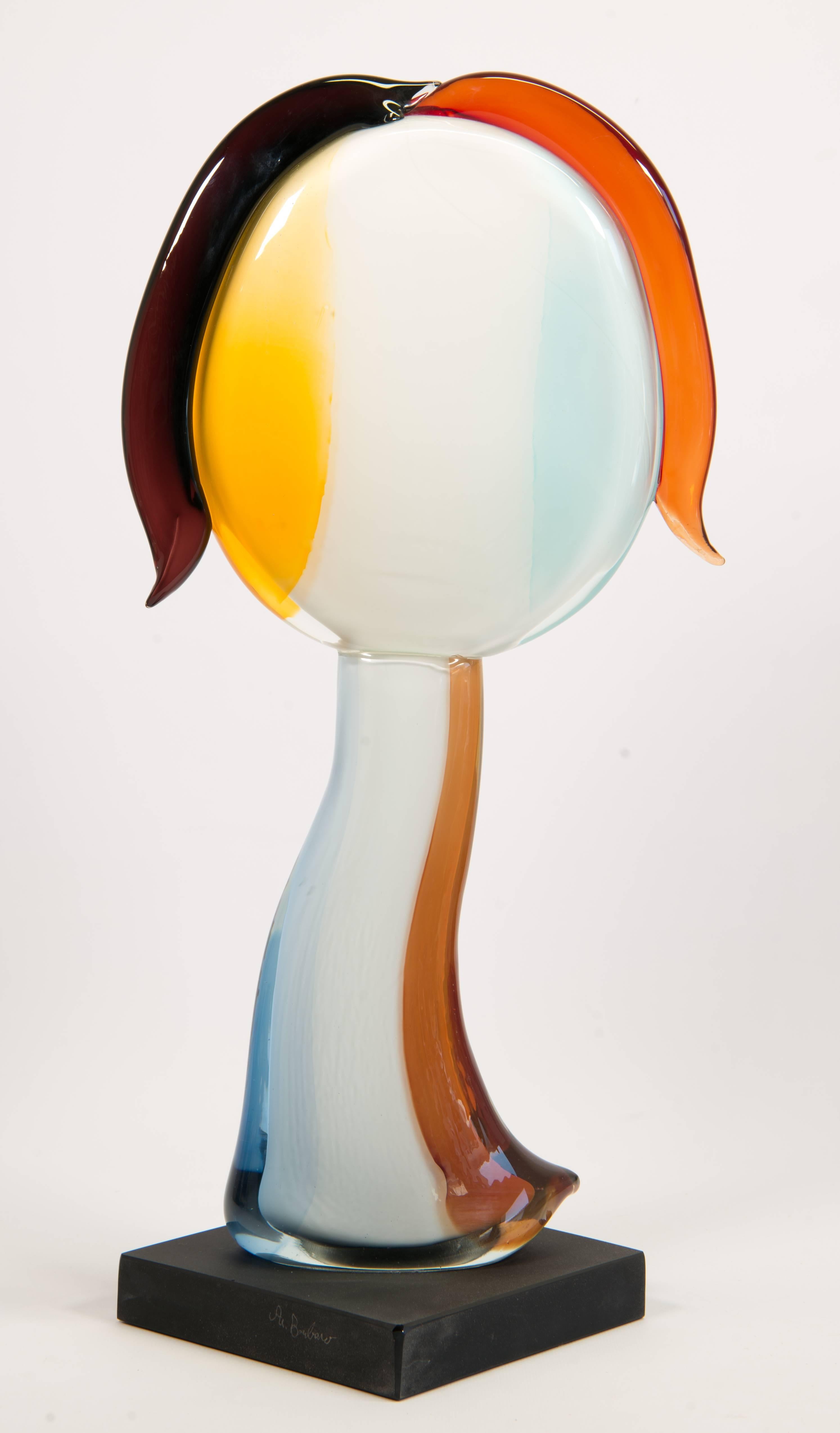 Figure on matte glass base in multiple color. 
Signed: Al. Barbaro
Murano glass.