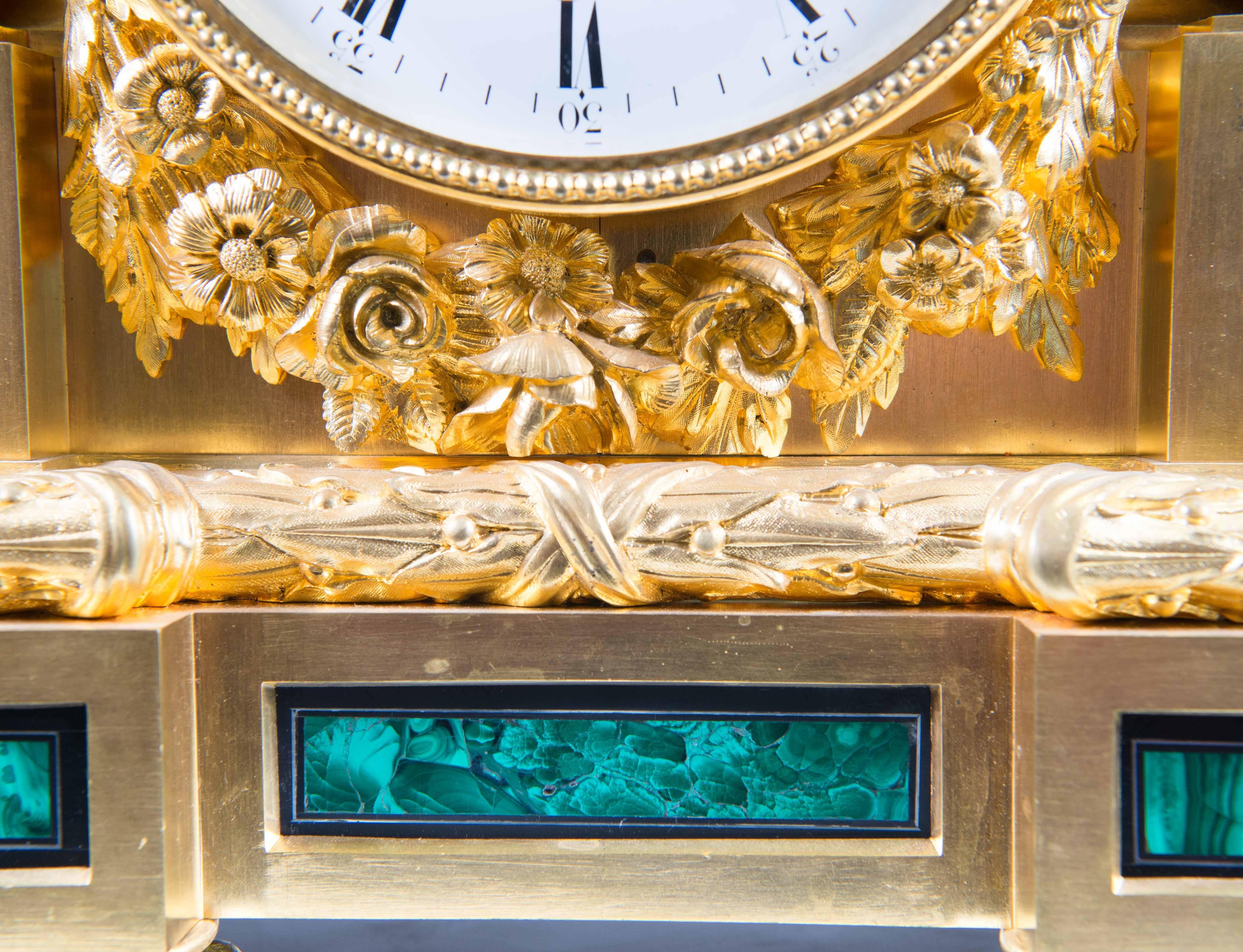 Louis XVI Style Garniture with Malachite, Moonphase, and date, Bourdain à Paris For Sale 3