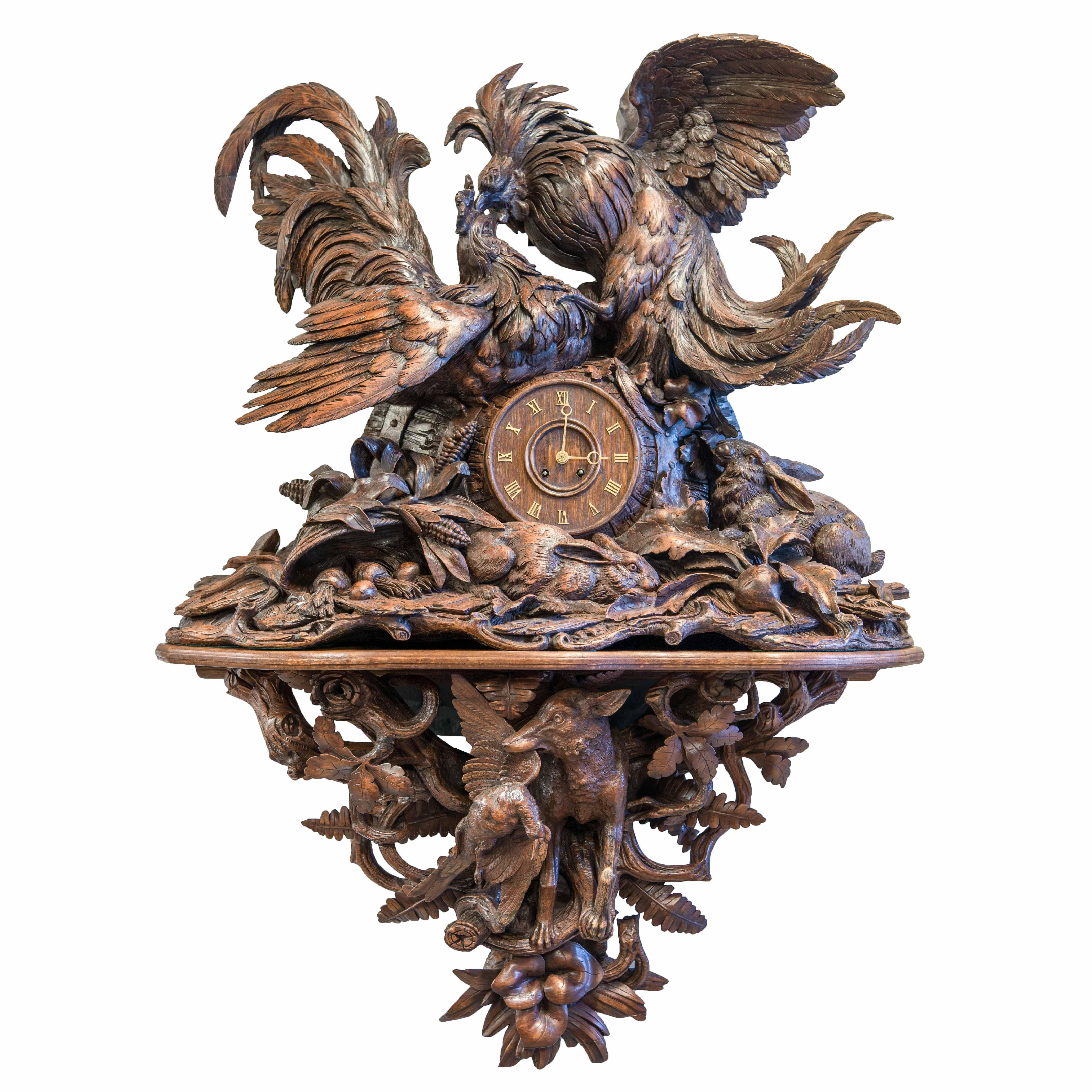 Black Forest Cartel Clock in Sculptured Wood with Rooster Fight, Germany For Sale