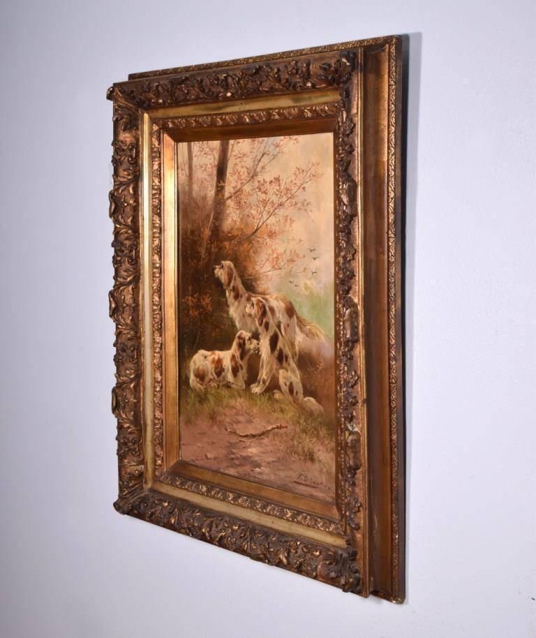 This painting of three hunting dogs is by the Belgian artist Paul Schouten (1860-1922). Paul is the half brother of the also well known painter Henry Schouten. Paul specialized in paintings of dogs, cattle, horses and other animals. This large