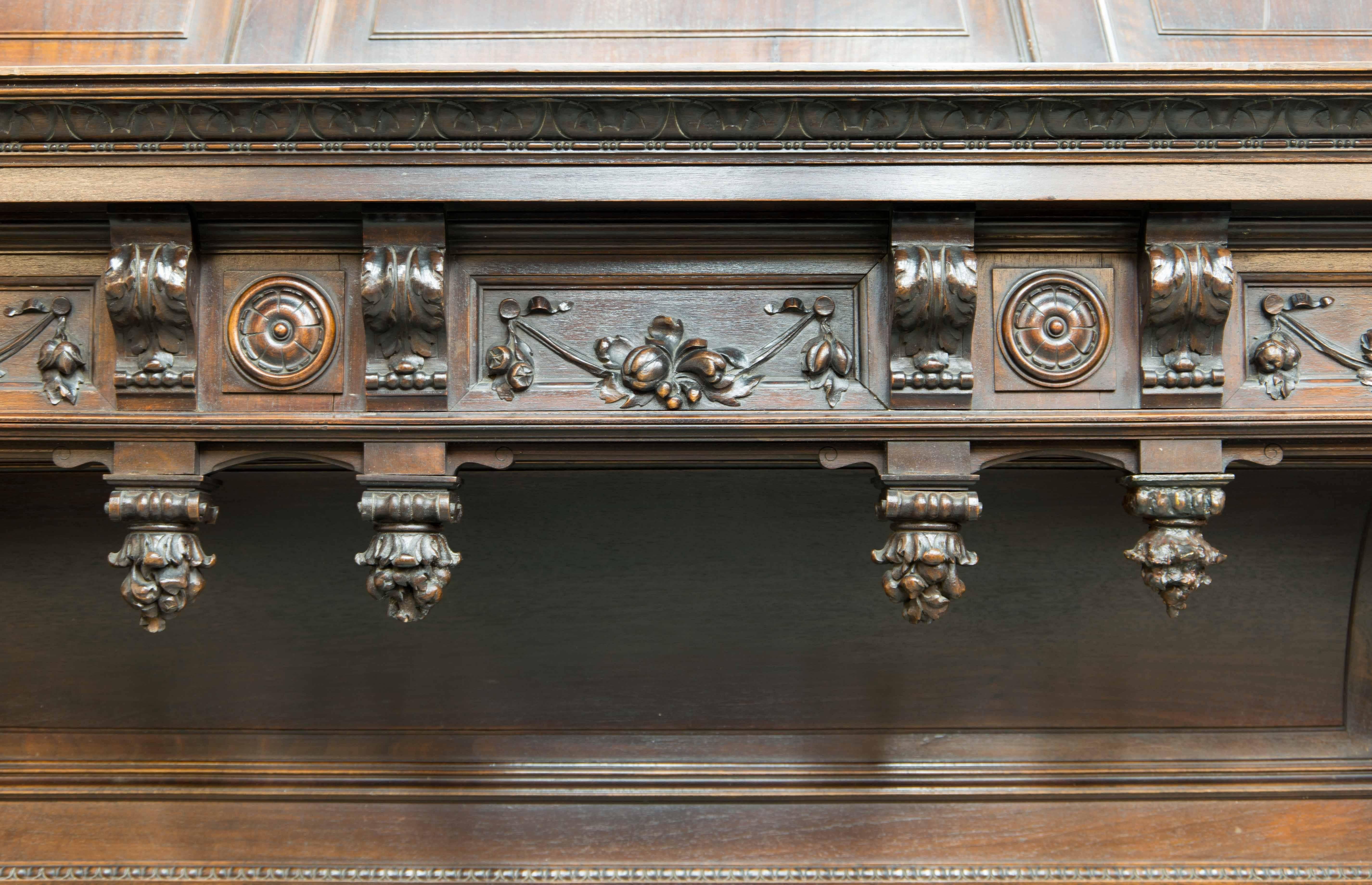Walnut Massive Antique French Fireplace Surround/Mantle with Bacchus Woodcarvings For Sale