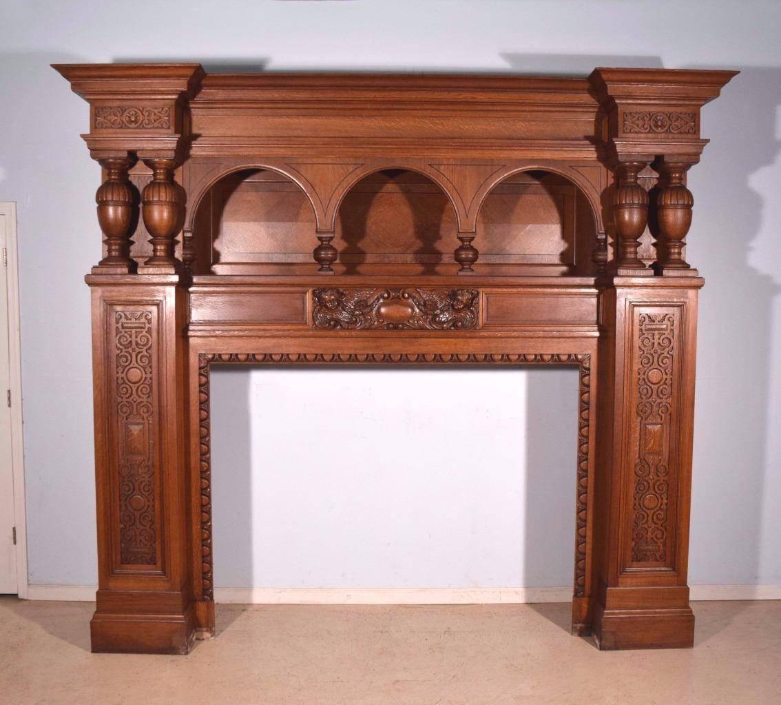 Belgian Tall Massive Antique Oak Neoclassical Fireplace Surround/Mantel For Sale