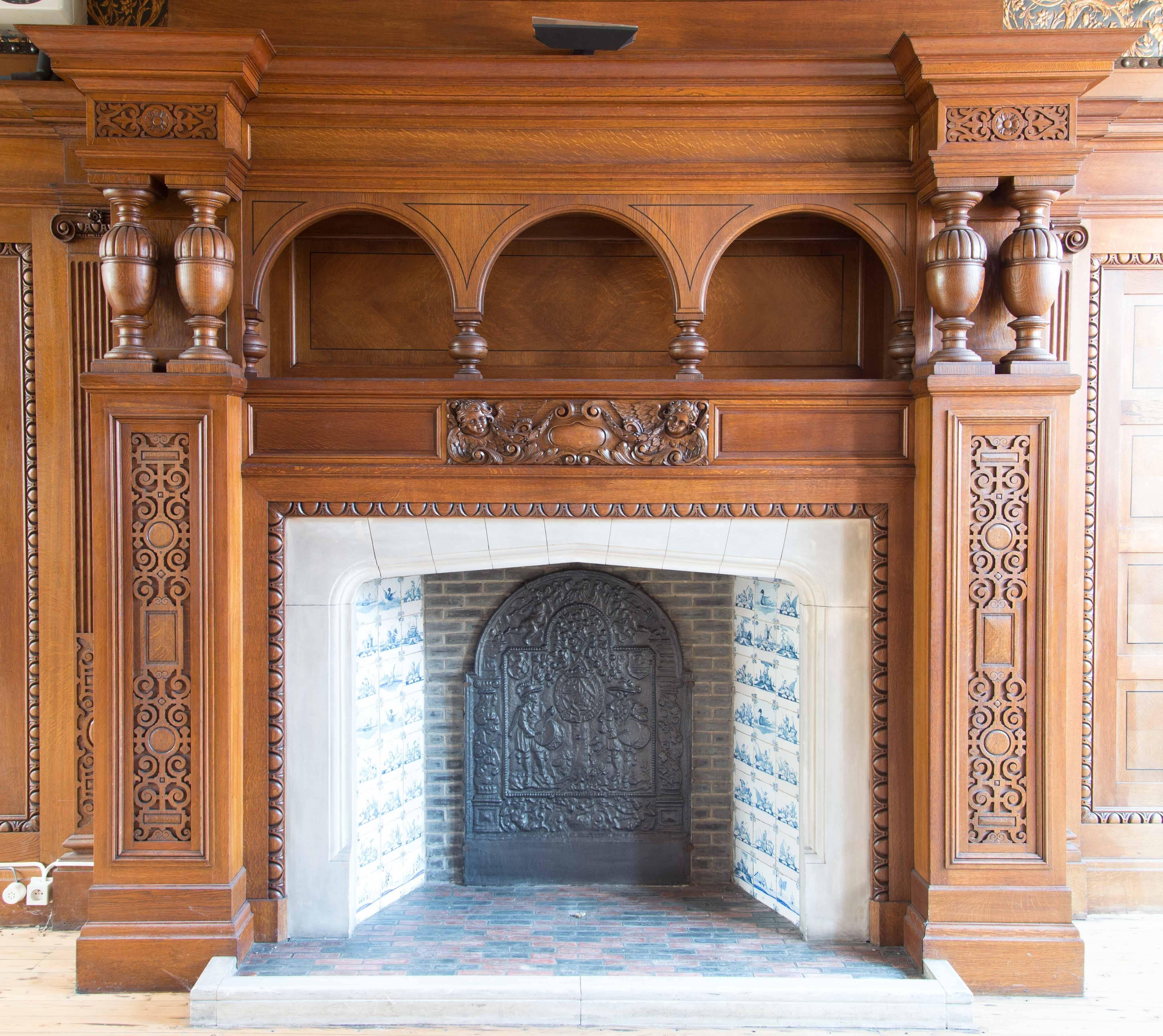 Tall Massive Antique Oak Neoclassical Fireplace Surround/Mantel For Sale 1
