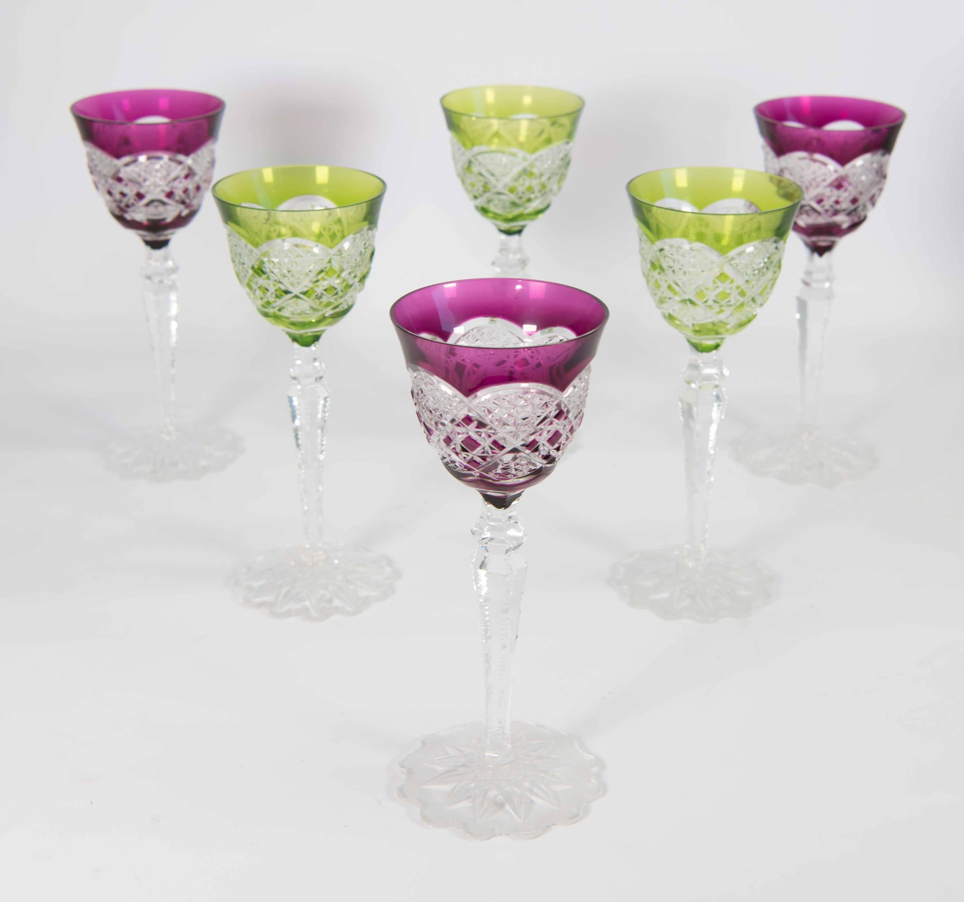 Mid-20th Century Set of Six Green and Purple Val Saint Lambert Glasses in Crystal Made in Belgium