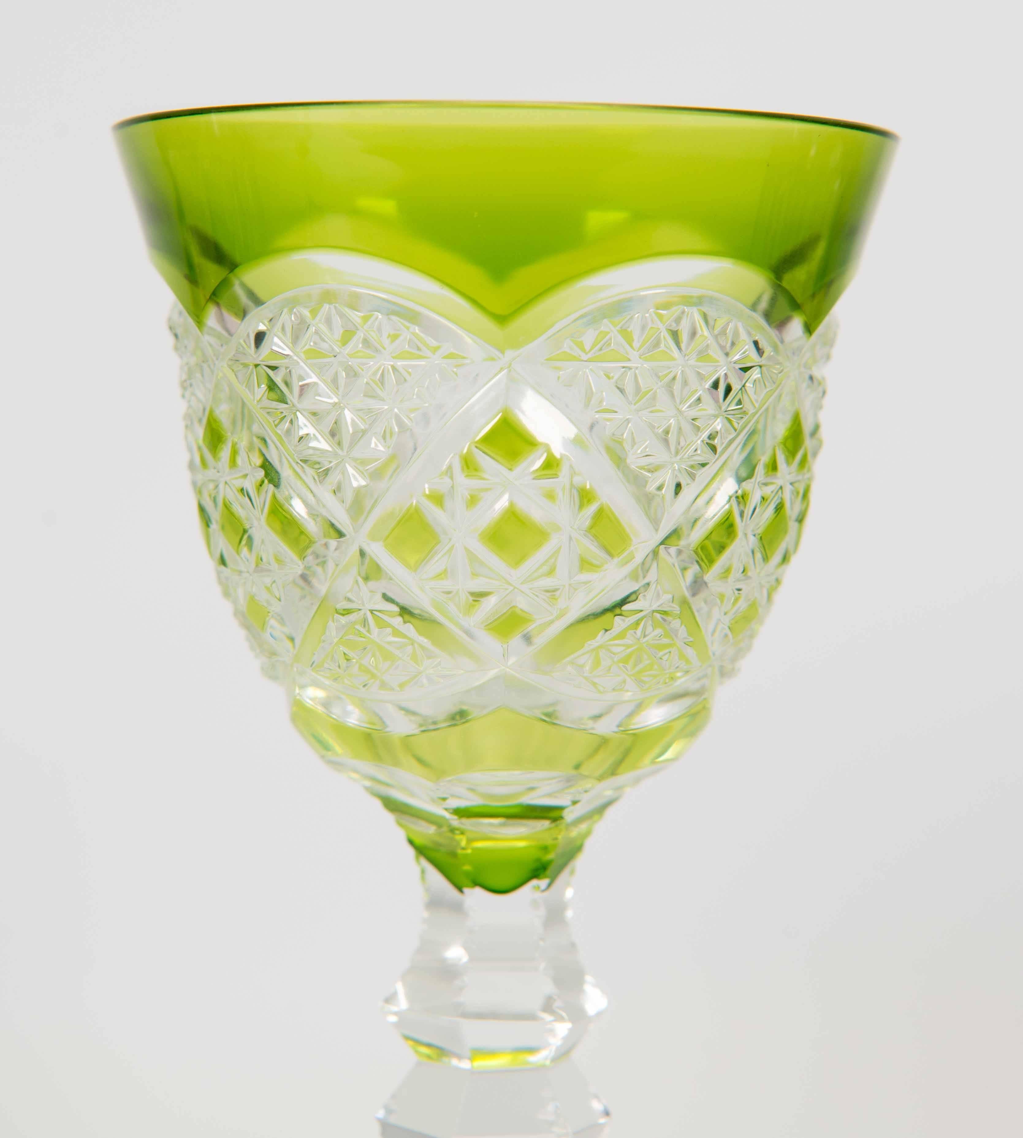 Mid-Century Modern Set of Six Green and Purple Val Saint Lambert Glasses in Crystal Made in Belgium