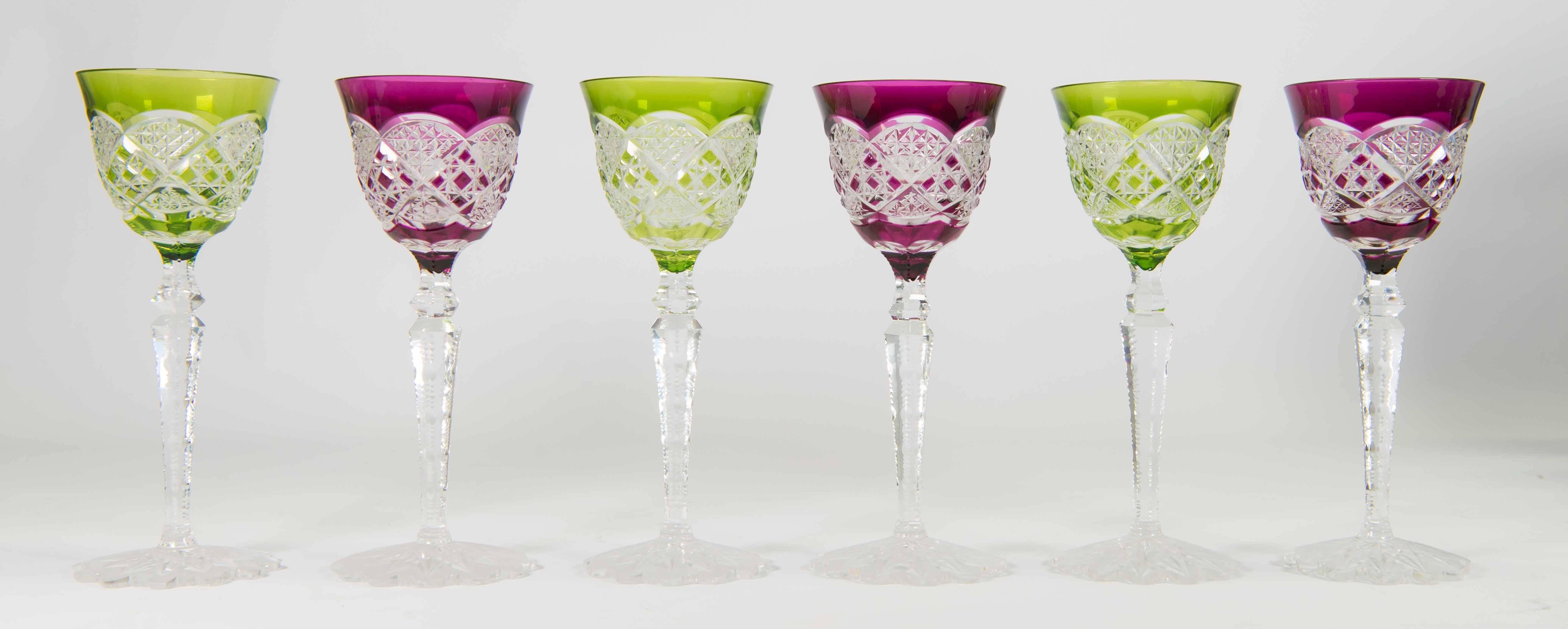 Set of Six Green and Purple Val Saint Lambert Glasses in Crystal Made in Belgium 1