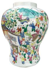 19th Century Polychrome Chinoiserie Vase with "One Thousand Faces" Motif