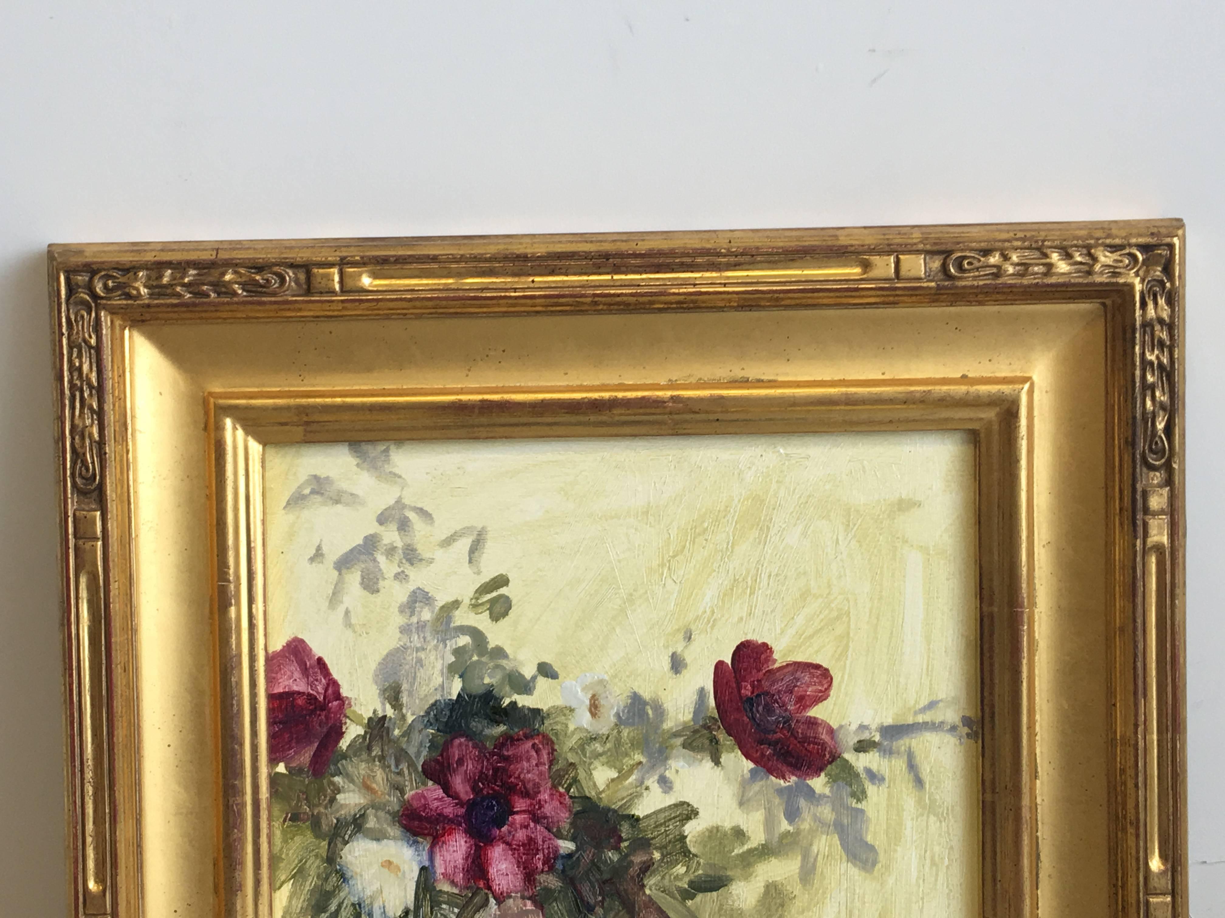 Offered is a fabulous, hand-painted oil on canvas floral motif painting in a stunning 22-karat gold gilded frame. By local Richmond, Virginia artist, Lynn Brookfield. Framing studio tag on backside. Signed in bottom right corner.