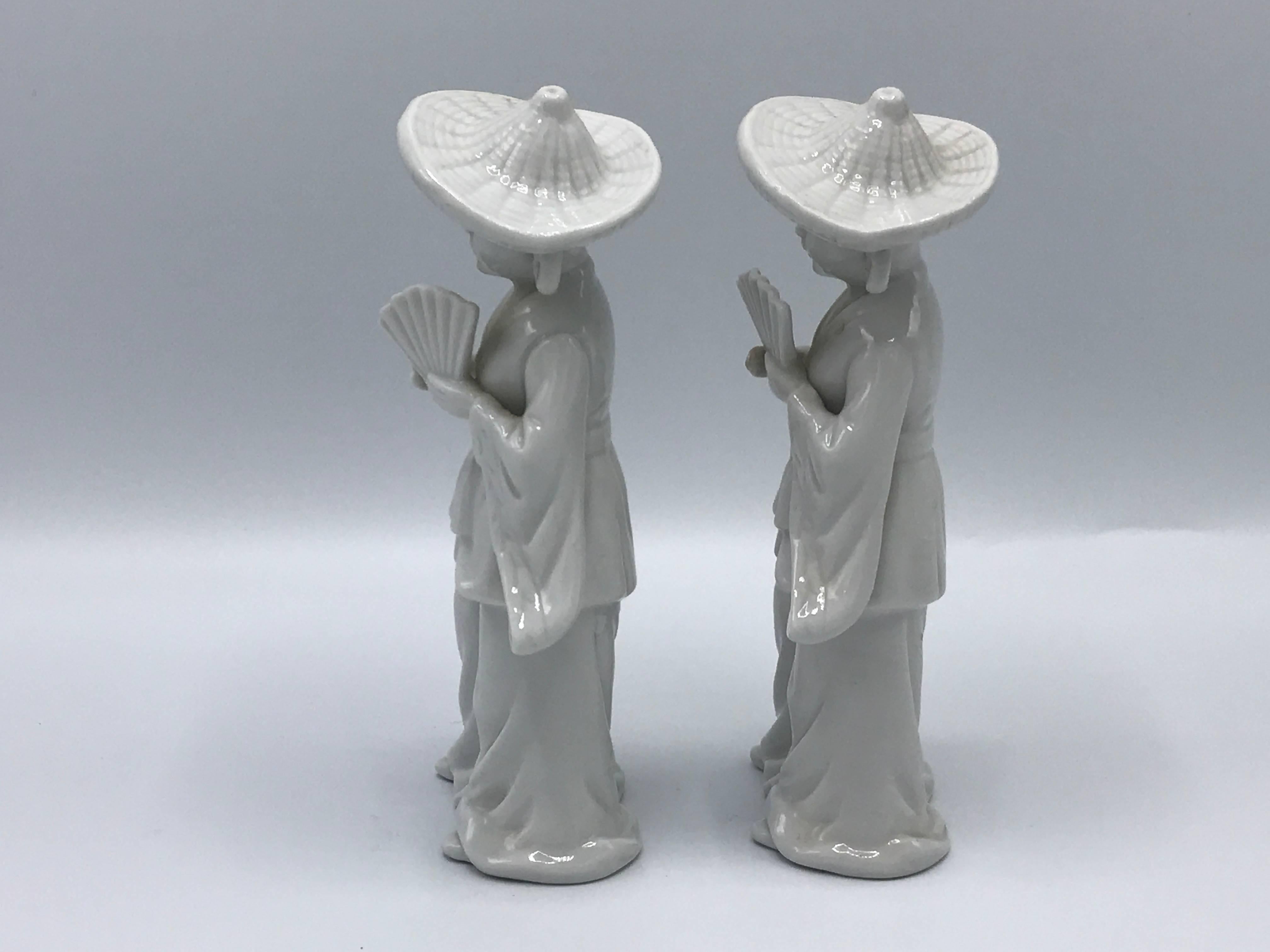 Chinoiserie 1950s Blanc De Chine Asian Geisha Statues, Pair
