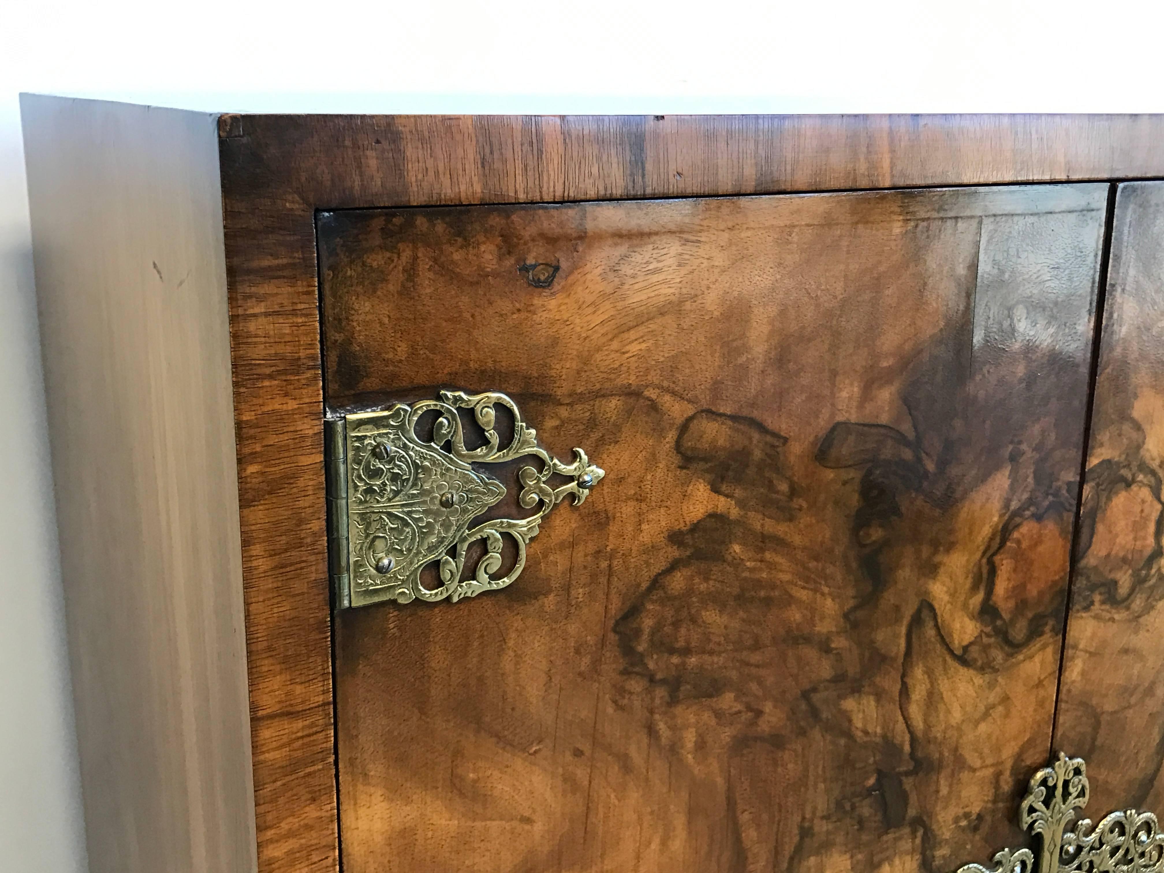 Brass 19th Century Maple Burl Wood Bar Cabinet