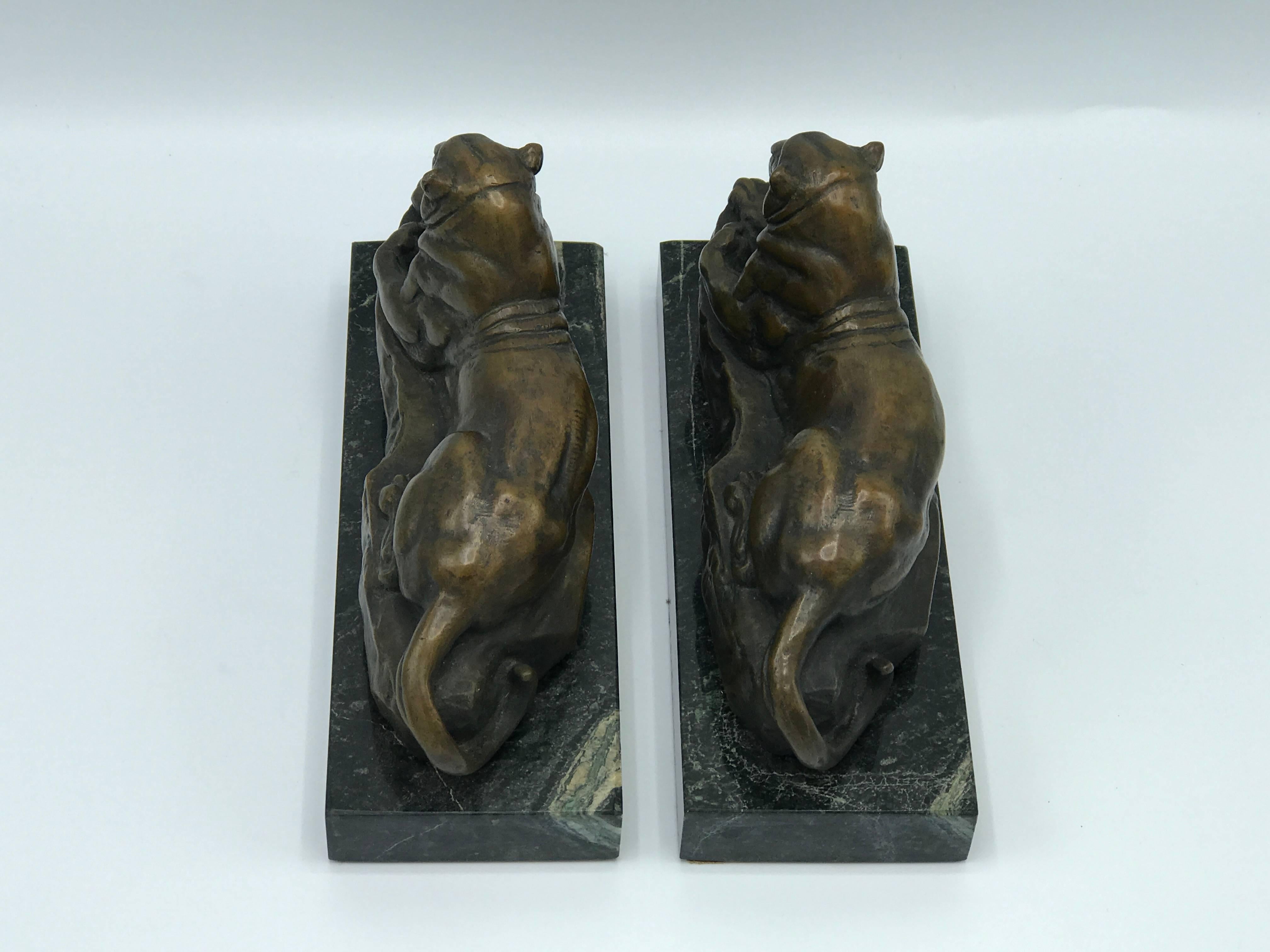 20th Century 1920s French Art Deco Barye Bronze Panther Bookends on Marble Bases, Pair