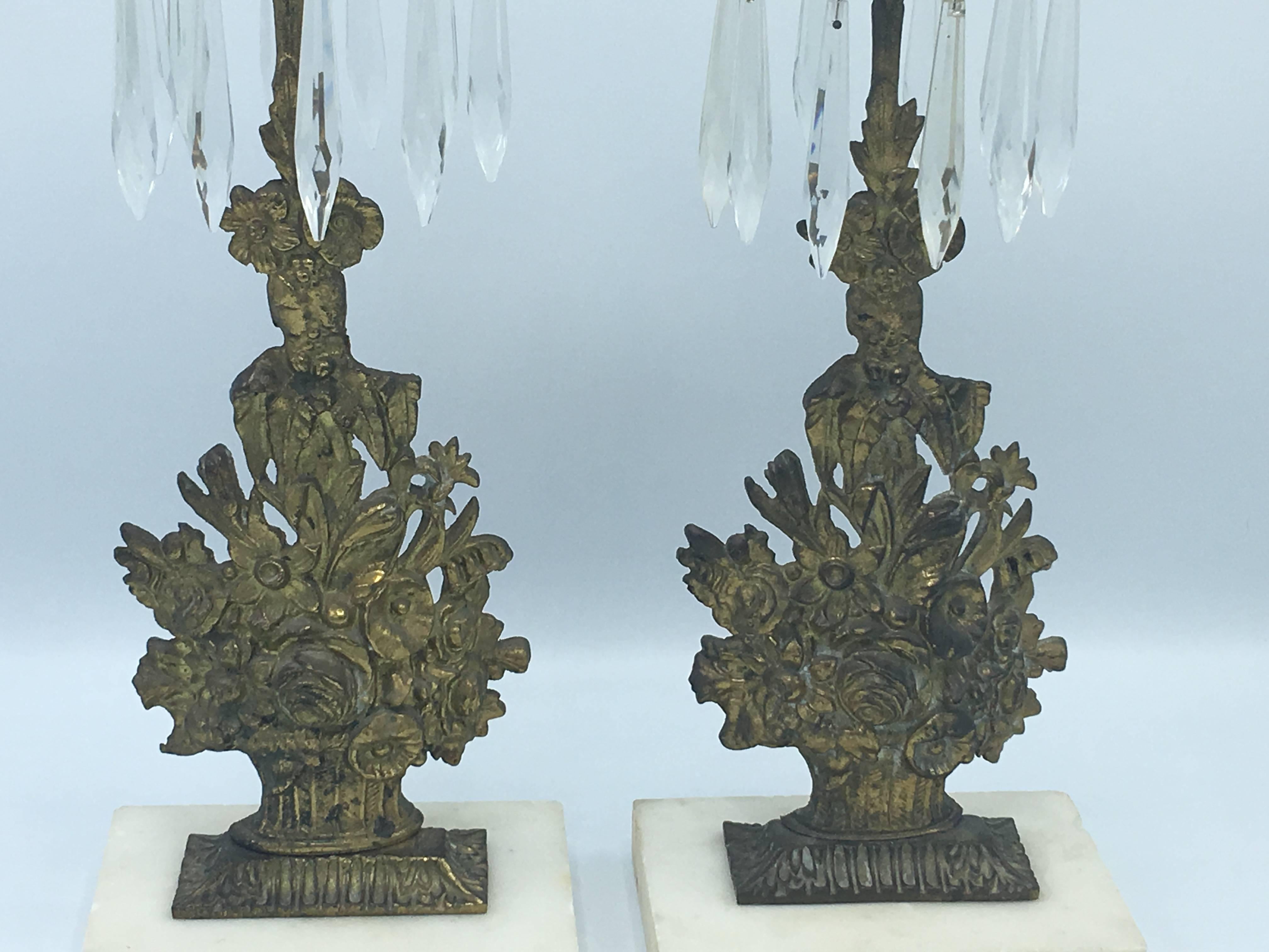 Victorian 19th Century Brass and Crystal Flower Basket Girondoles on Marble, Pair