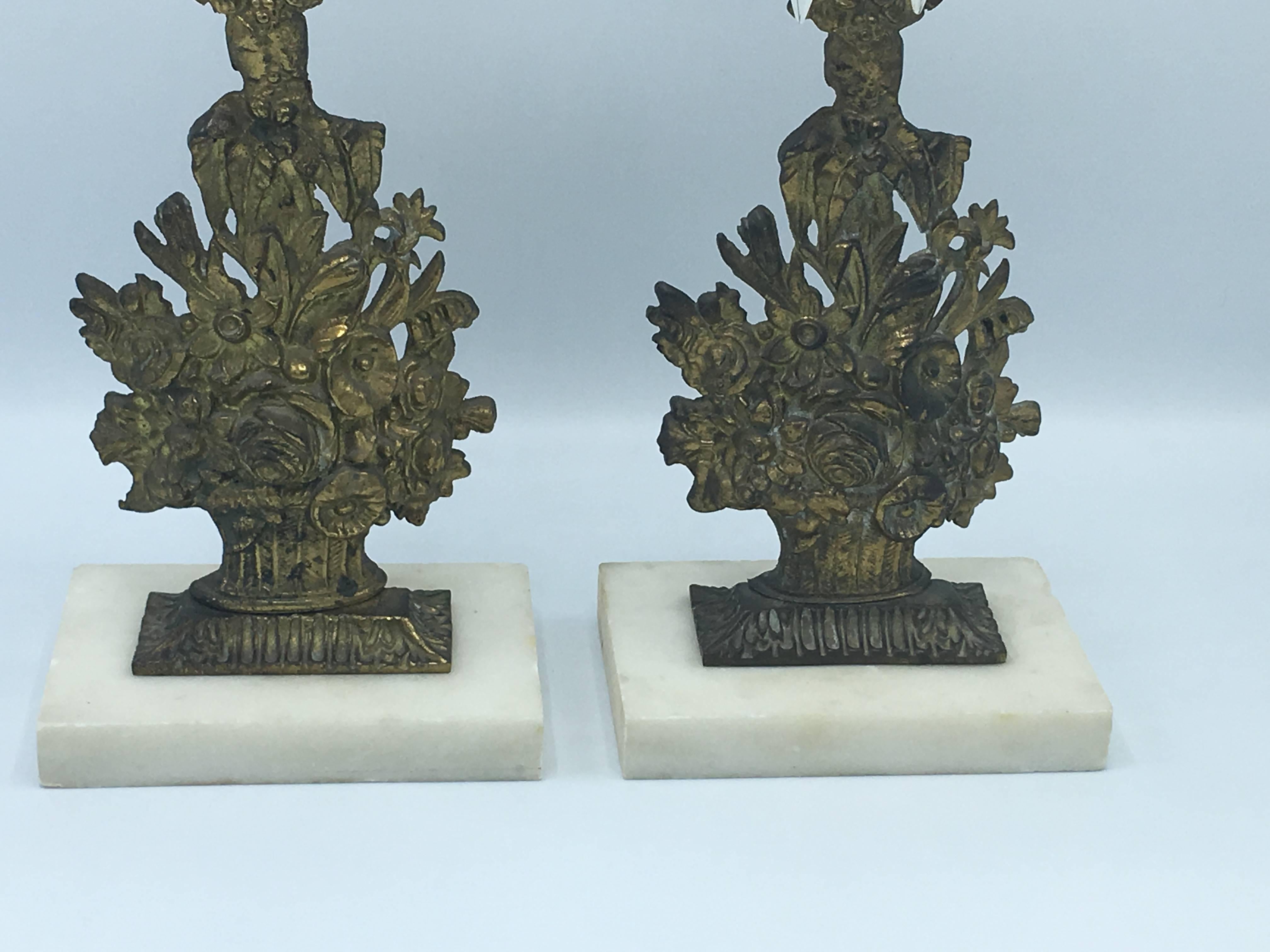 19th Century Brass and Crystal Flower Basket Girondoles on Marble, Pair In Excellent Condition In Richmond, VA