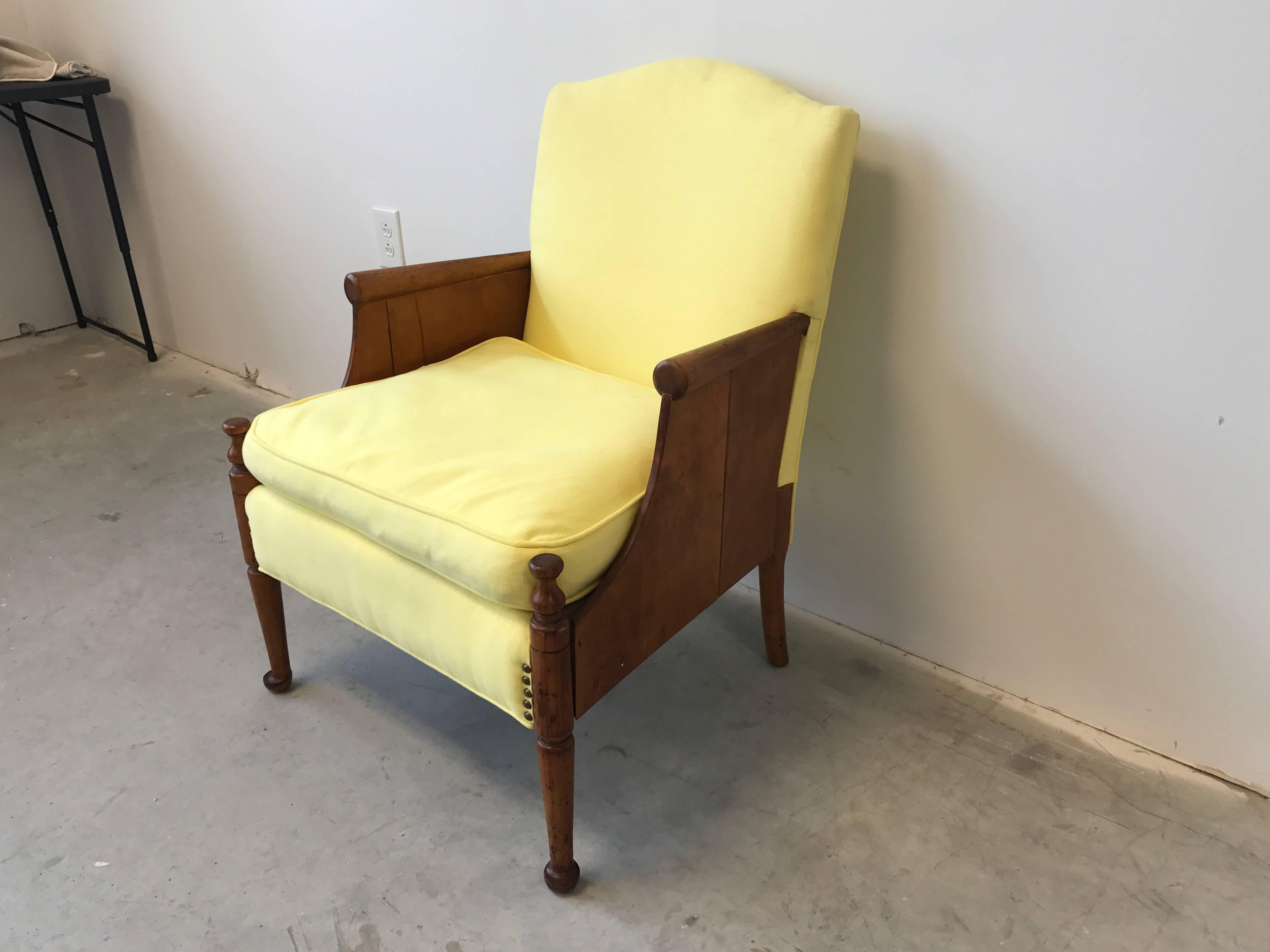 Mid-Century Modern 1940s French Oak Side Chair with Yellow Upholstery