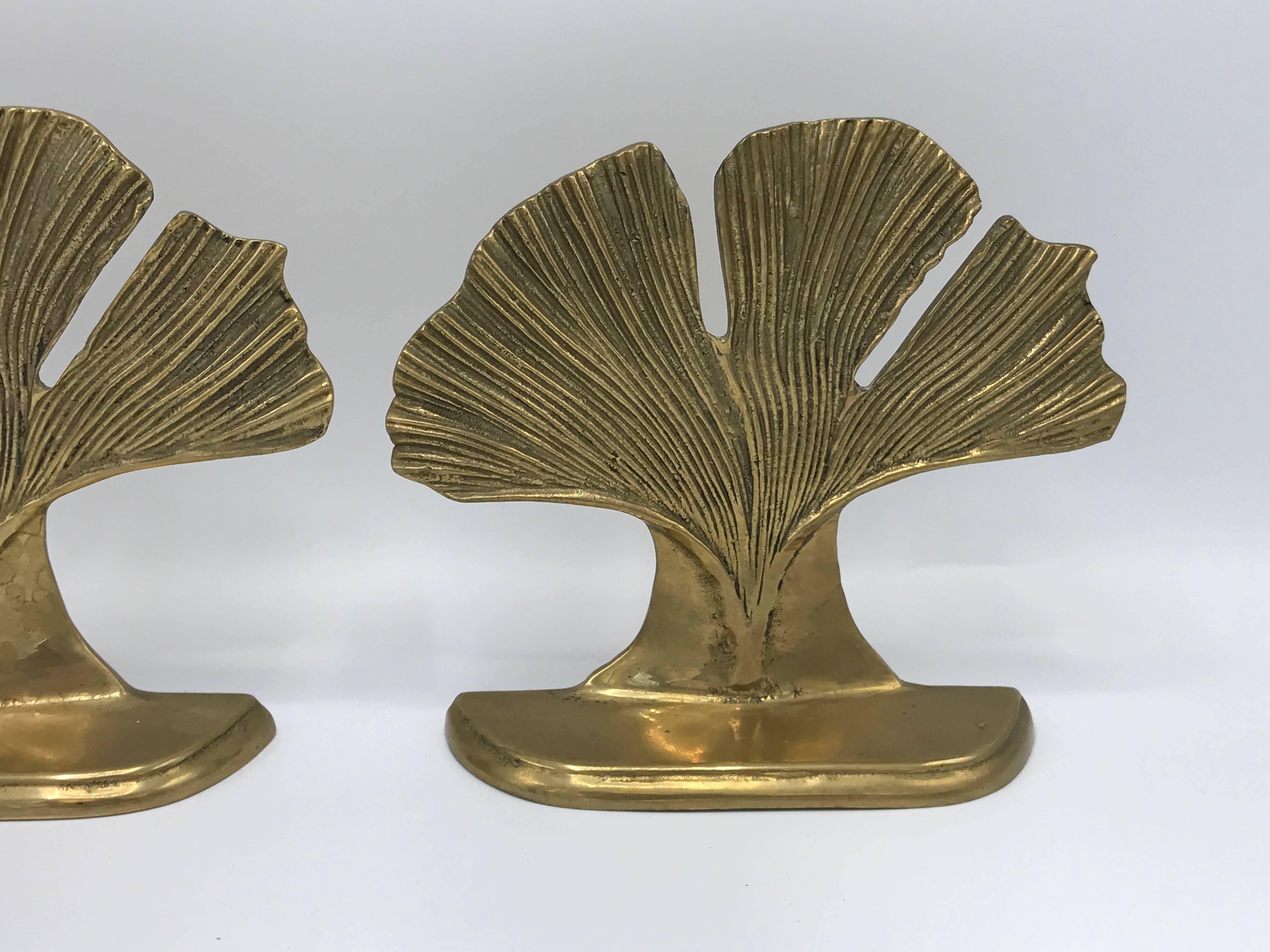 Chinoiserie 1960s Brass Ginkgo Leaf Bookends, Pair
