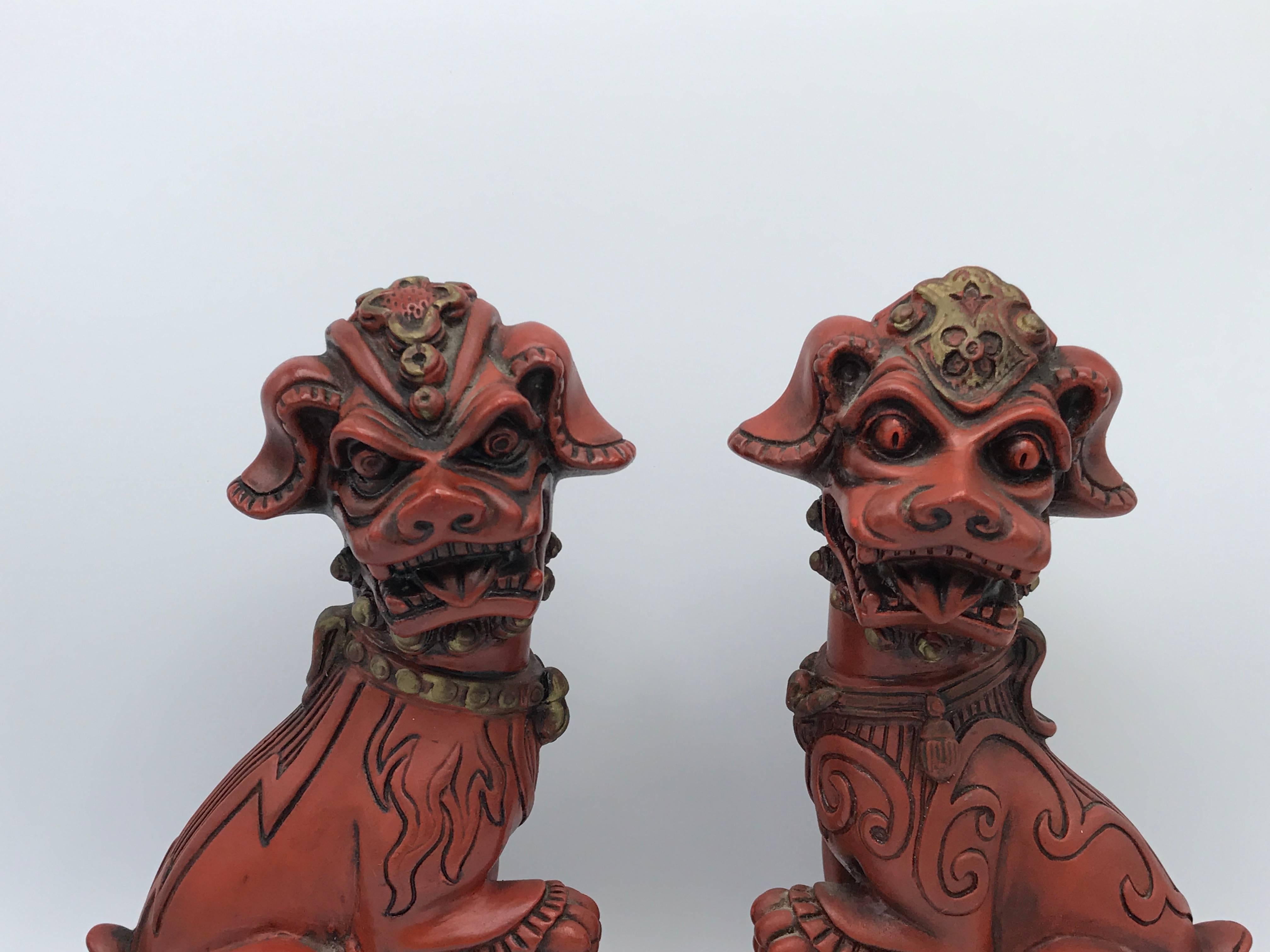Offered is a gorgeous pair of 1960s, heavily detailed, red resin foo dogs. Would make great bookends!