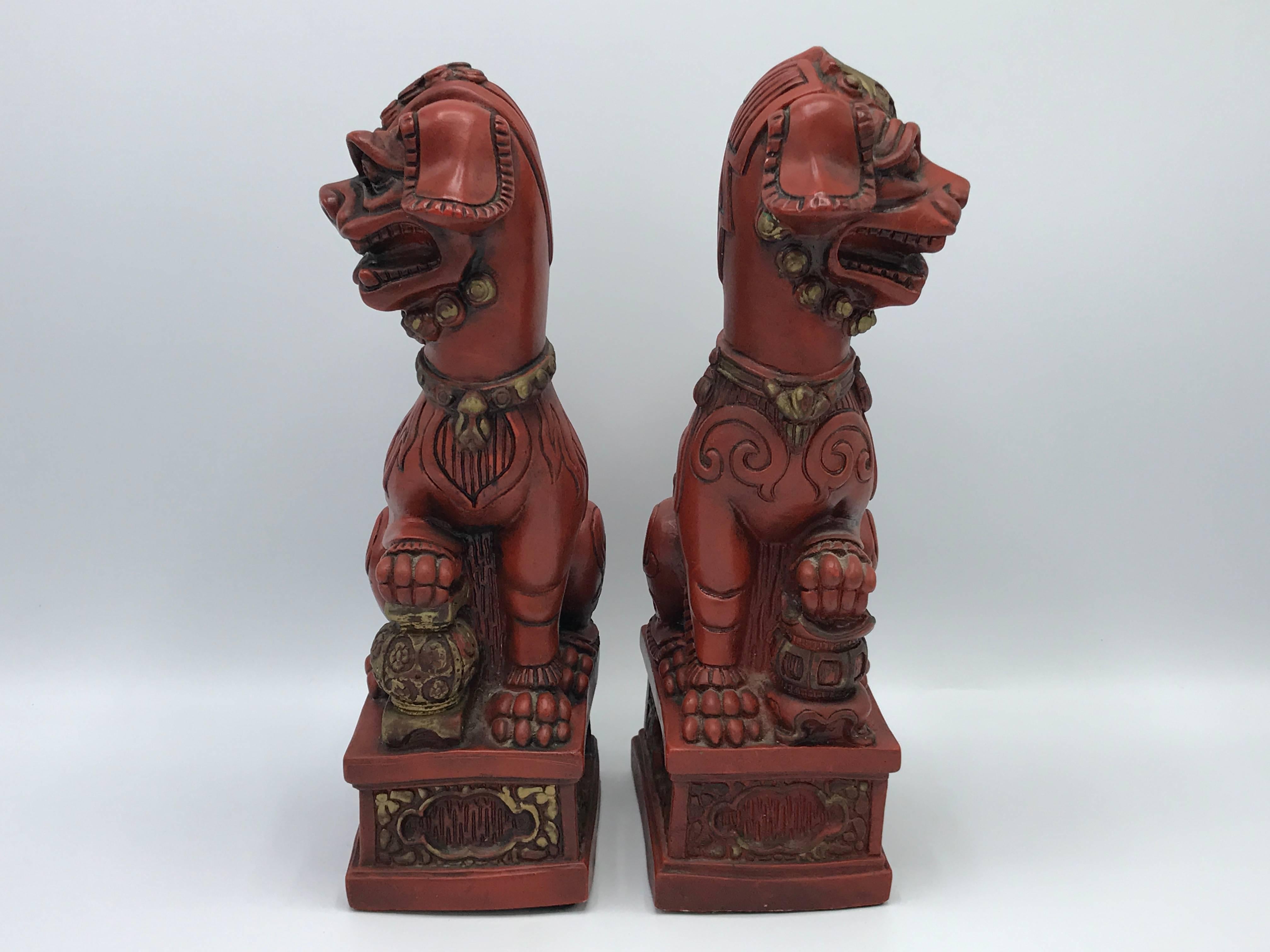 Chinoiserie 1960s Red and Gold Foo Dogs, Pair