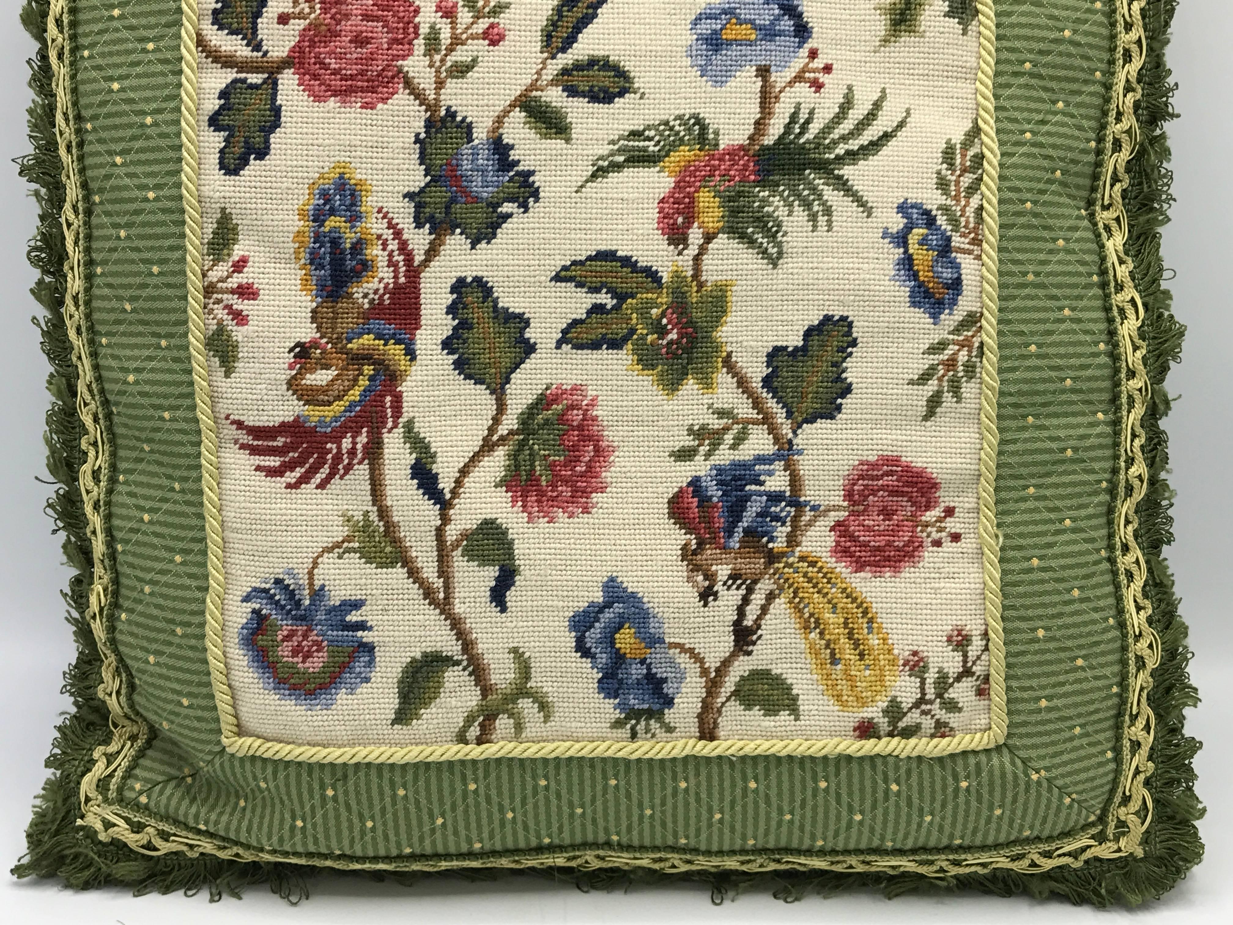 Chinoiserie 1960s Floral Needlepoint Pillow