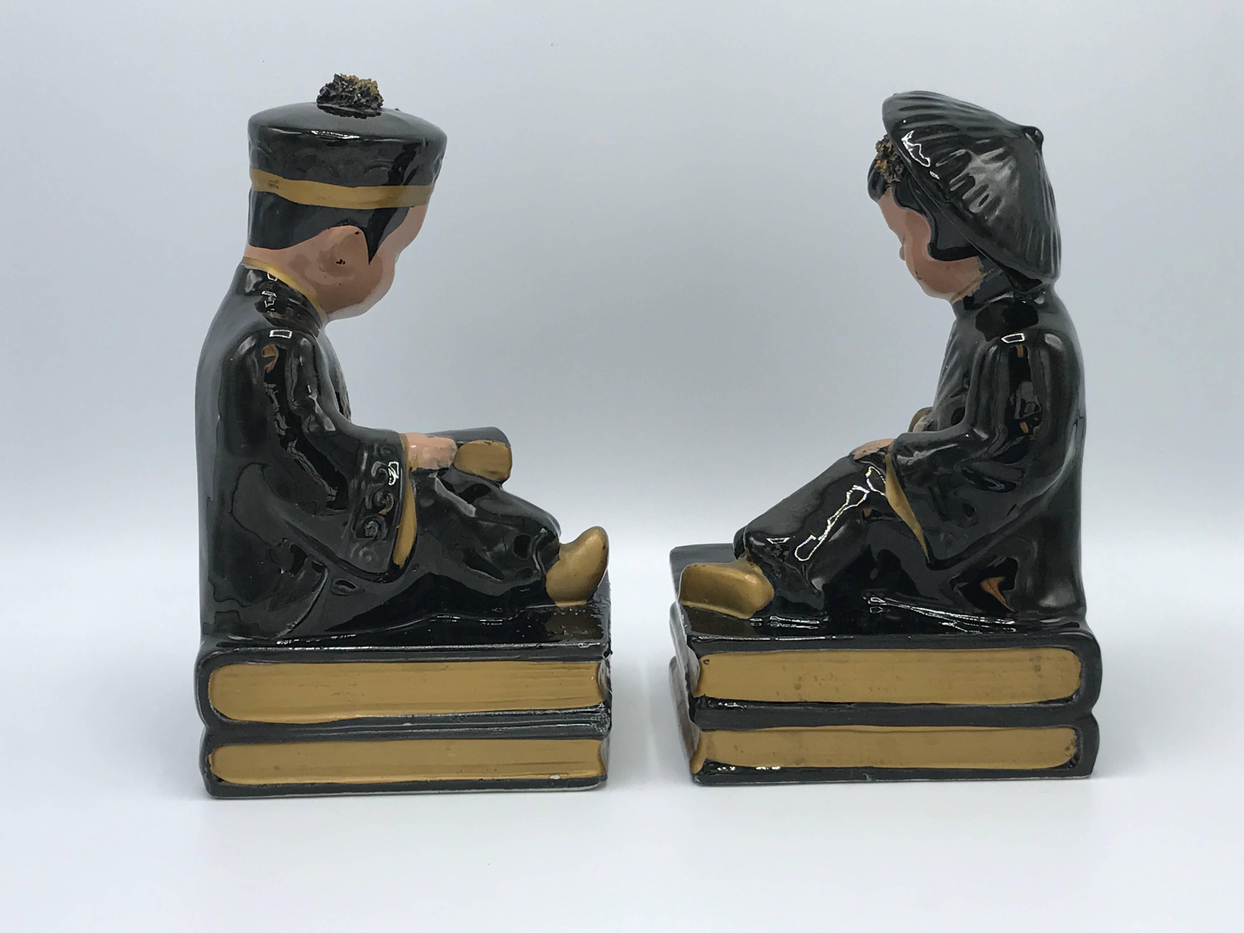 1960s Black and Gold Asian Figure Bookends, Pair In Excellent Condition In Richmond, VA