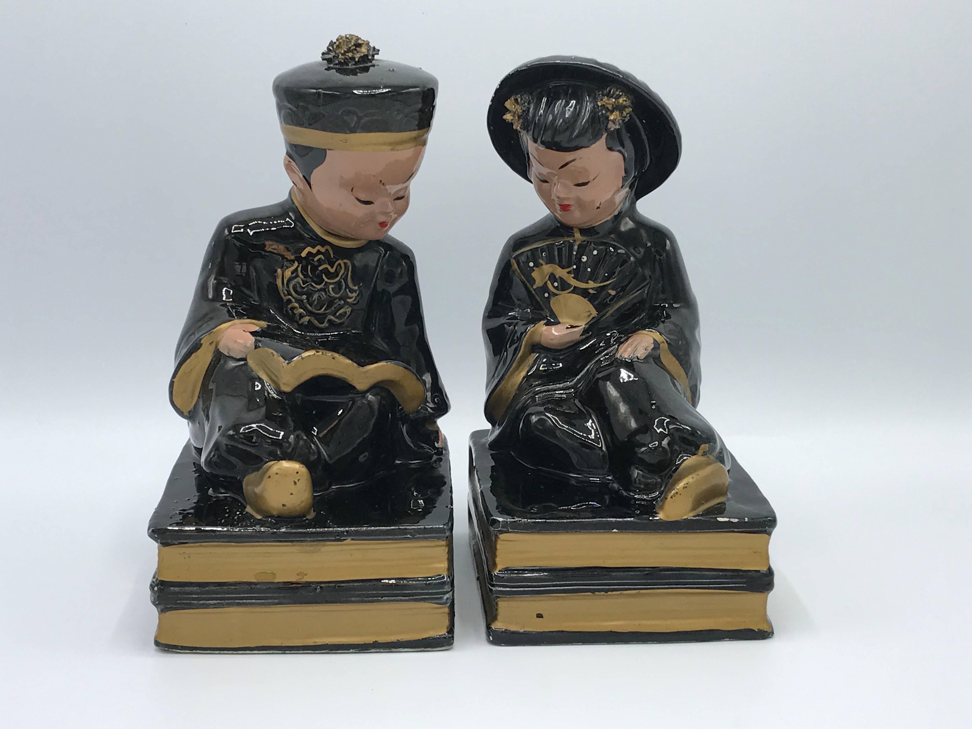 Chinoiserie 1960s Black and Gold Asian Figure Bookends, Pair