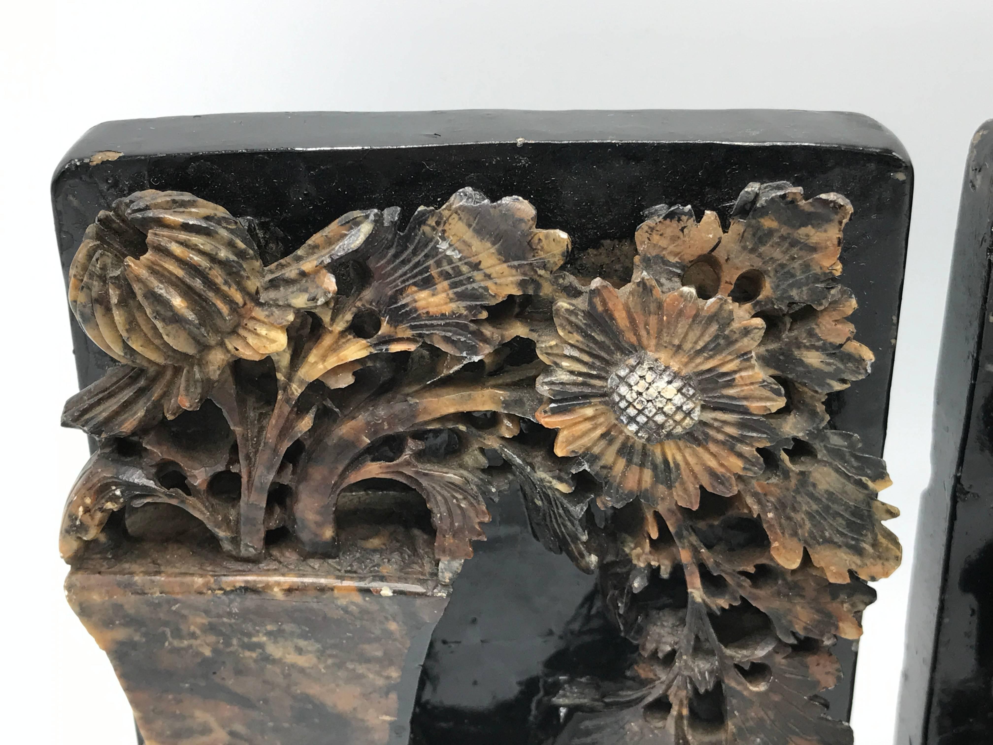 Hand-Carved Pair of, 1920s Carved Soapstone Bookends with Floral Motif For Sale