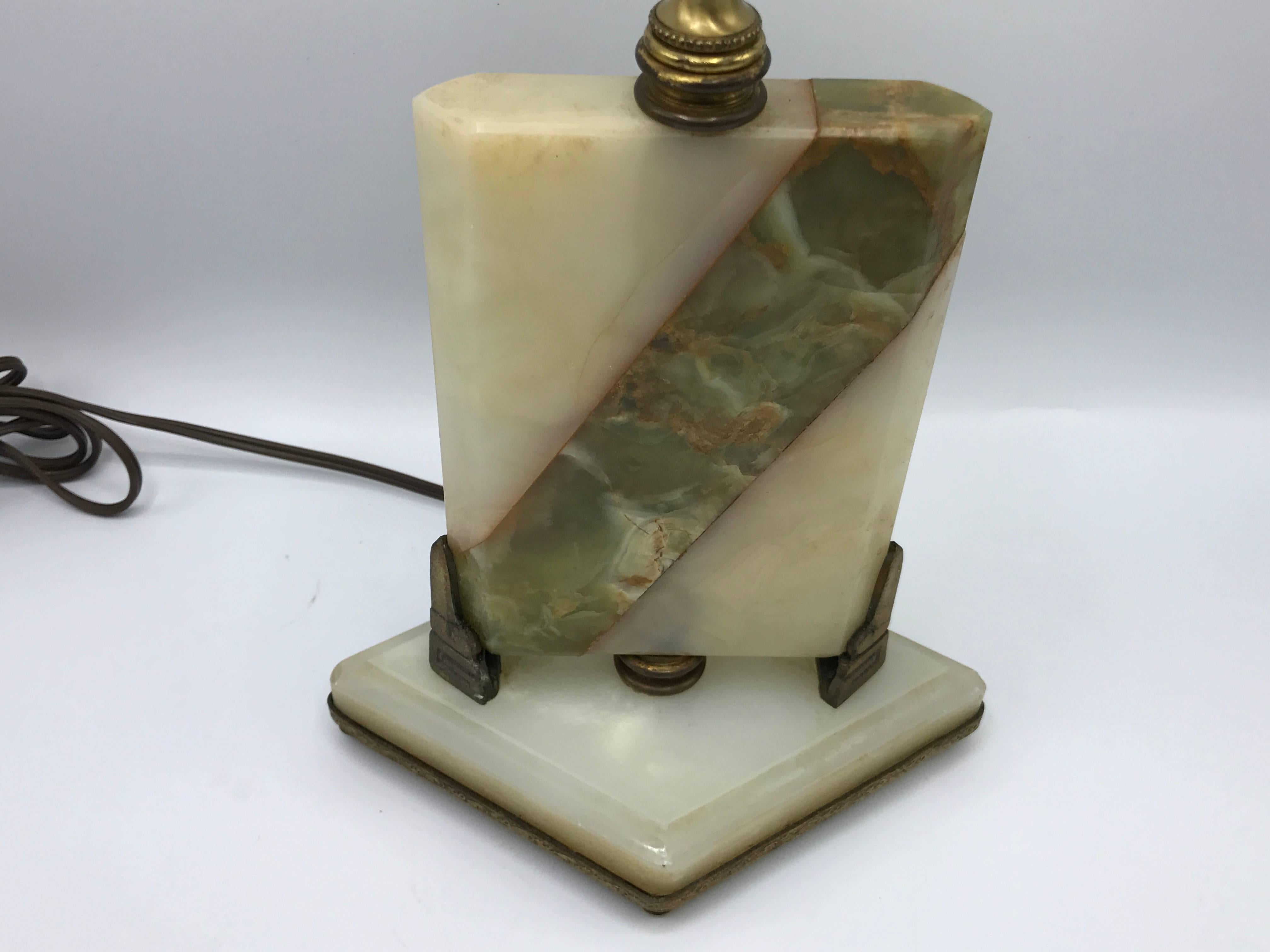 20th Century 1920s Art Nouveau Onyx and Bronze Diamond Lamp For Sale
