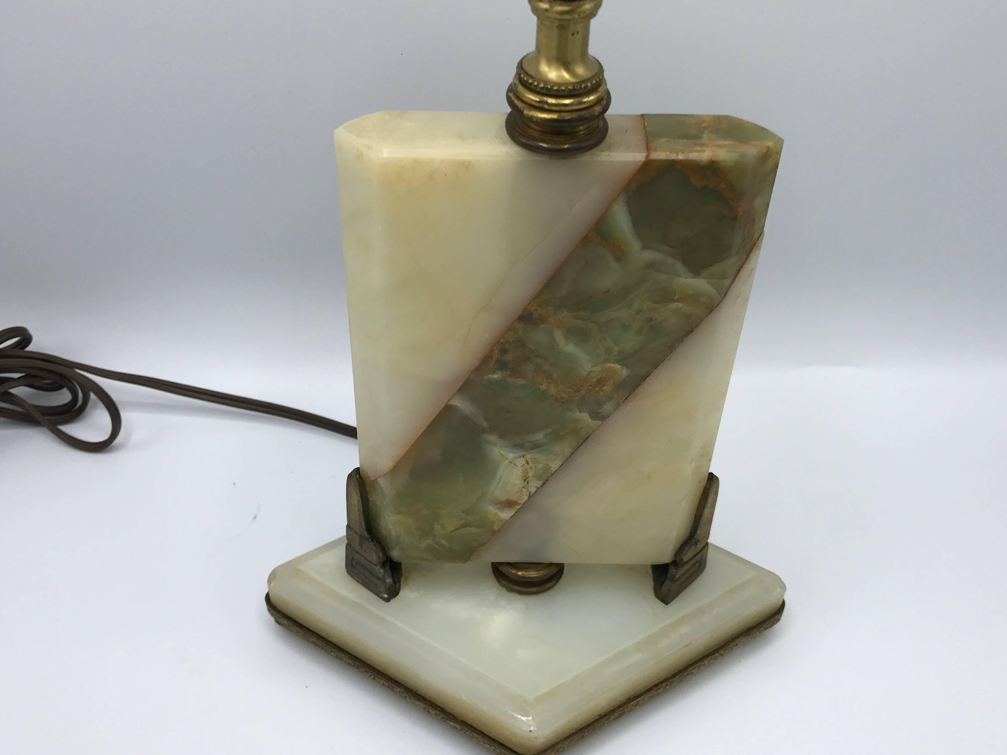 1920s Art Nouveau Onyx and Bronze Diamond Lamp In Excellent Condition For Sale In Richmond, VA