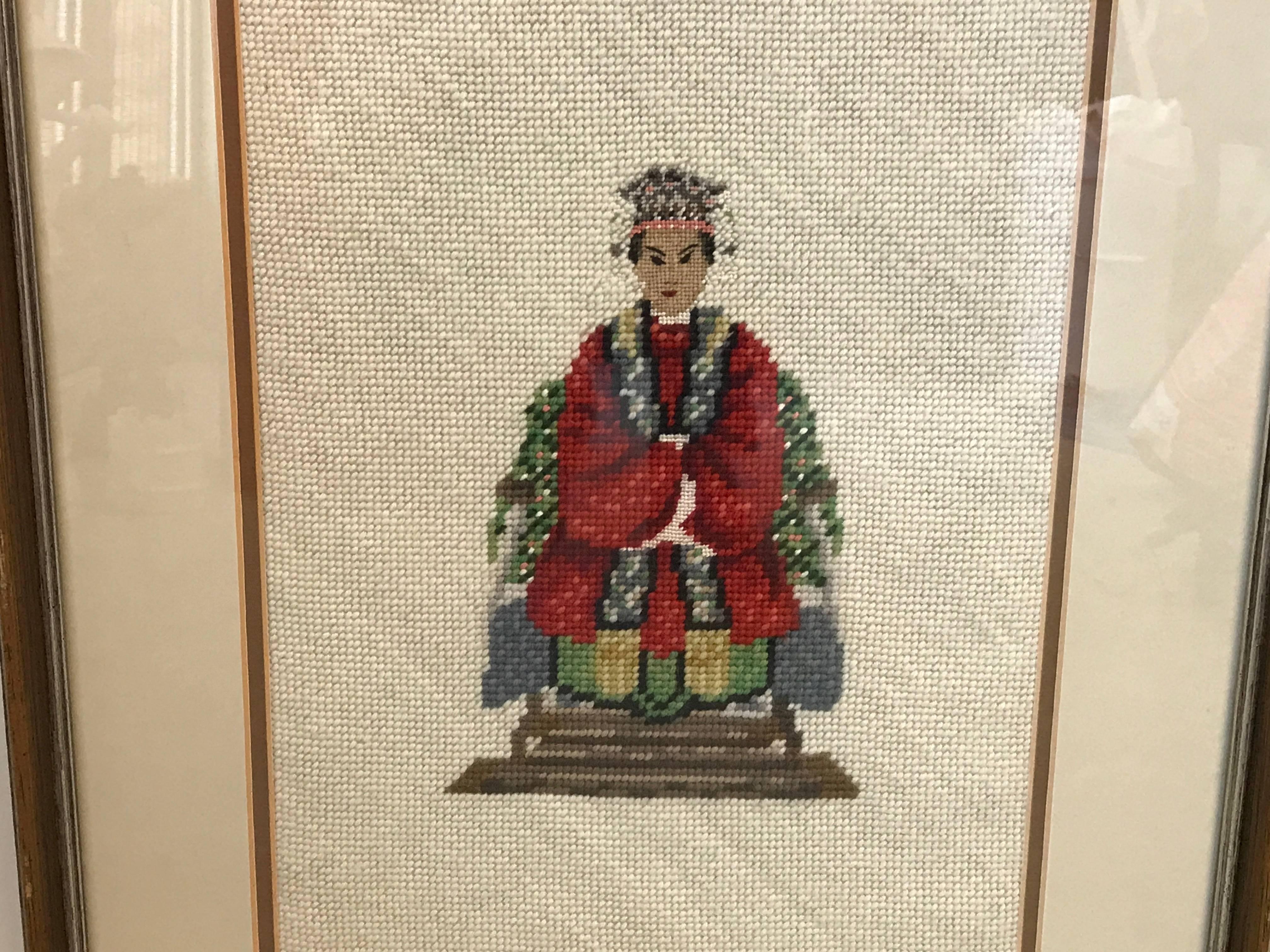 Chinoiserie 1960's Asian Empress Framed Needlepoint For Sale