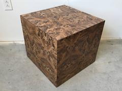 1970s Milo Baughman Style Burl Veneer Cube Side Table