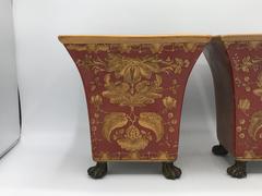 Red and Gold Damask Cache Pot Planters with Bronze Clawfeet, Pair