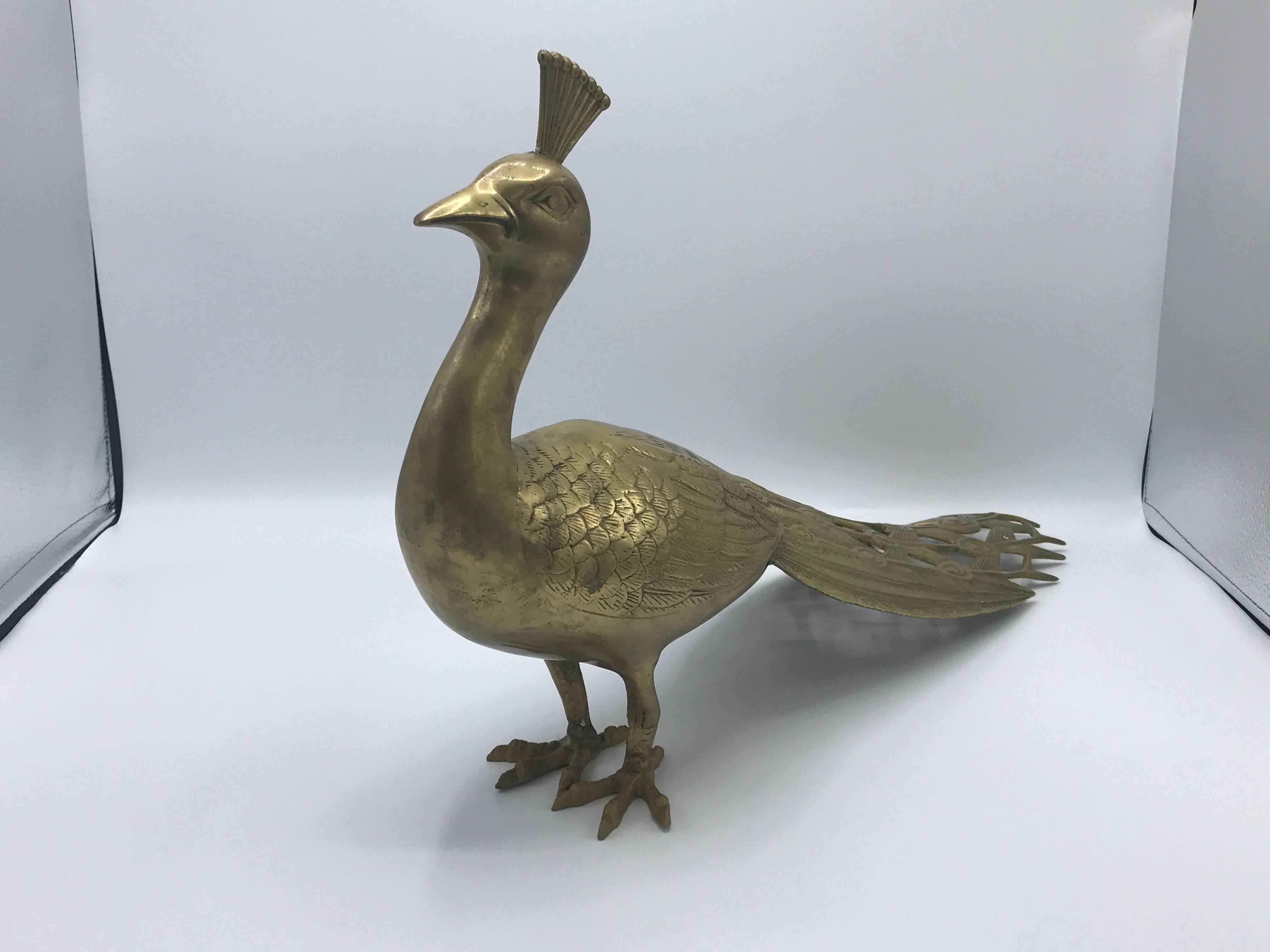 Offered is a beautiful, 1960s Sergio Bustamante style brass peacock statue. Stunning detailing.