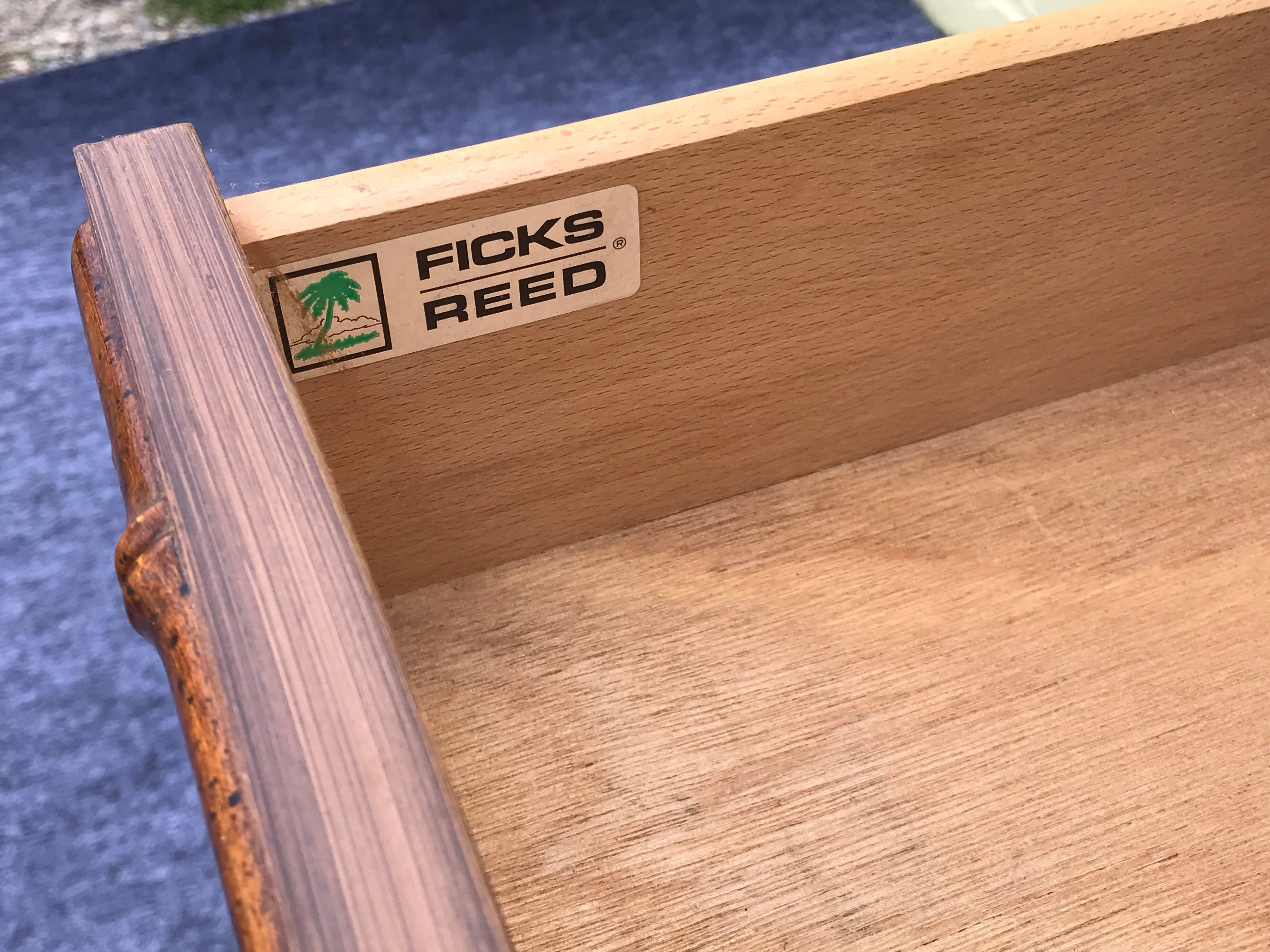 20th Century 1970s Ficks Reed Bamboo Side Table with Brass Drawer Pulls