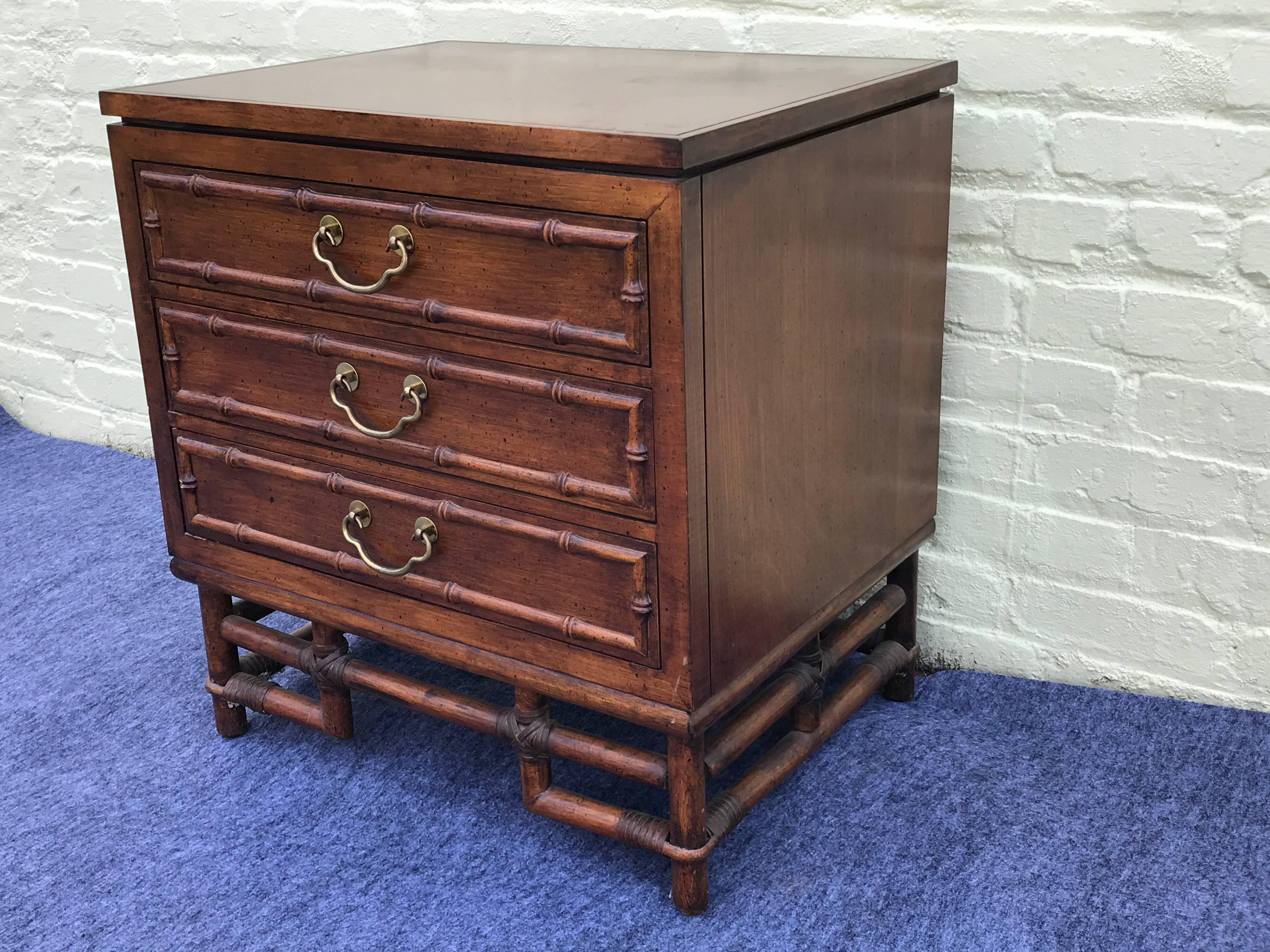 Chinoiserie 1970s Ficks Reed Bamboo Side Table with Brass Drawer Pulls