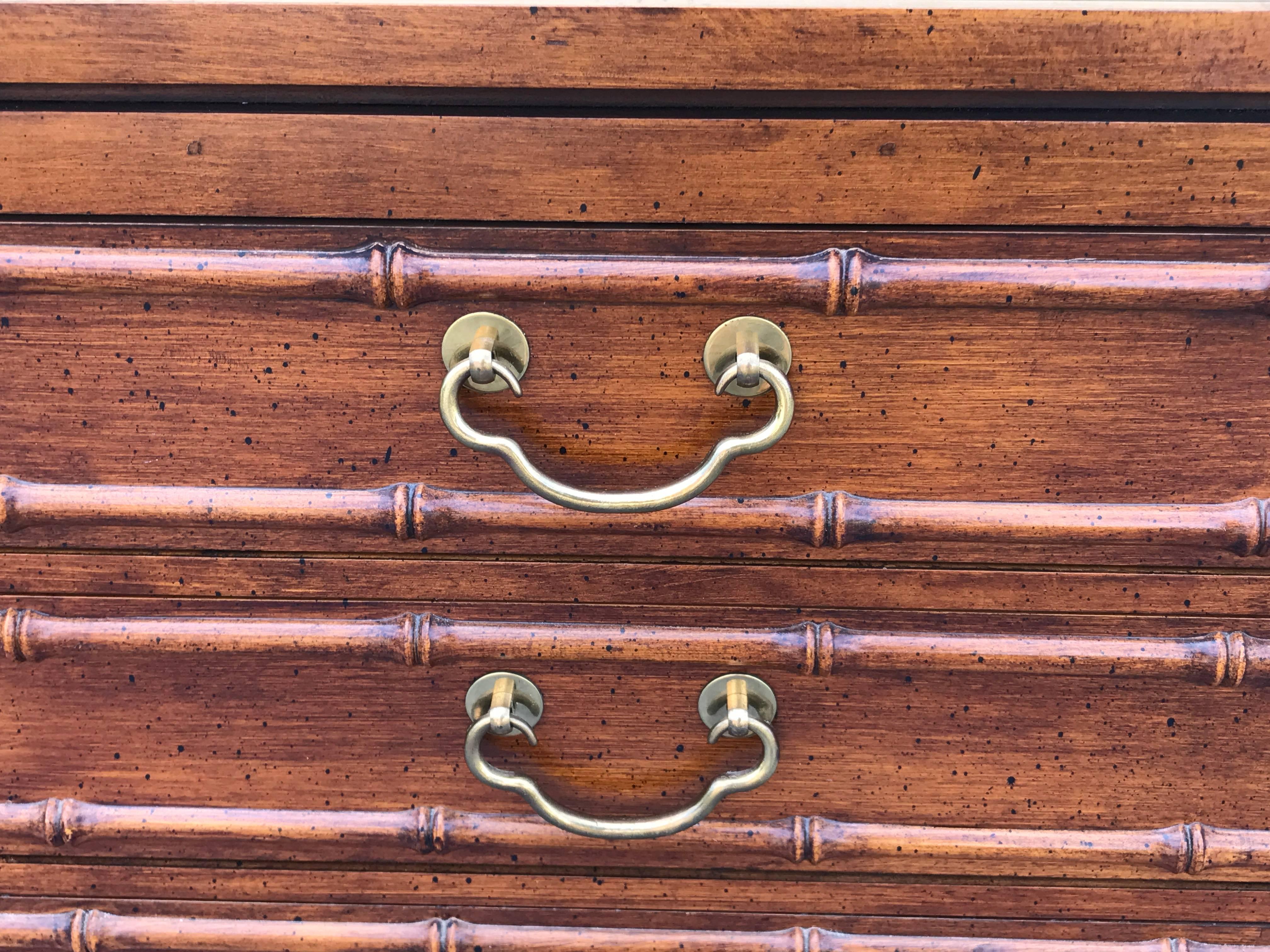 American 1970s Ficks Reed Bamboo Side Table with Brass Drawer Pulls