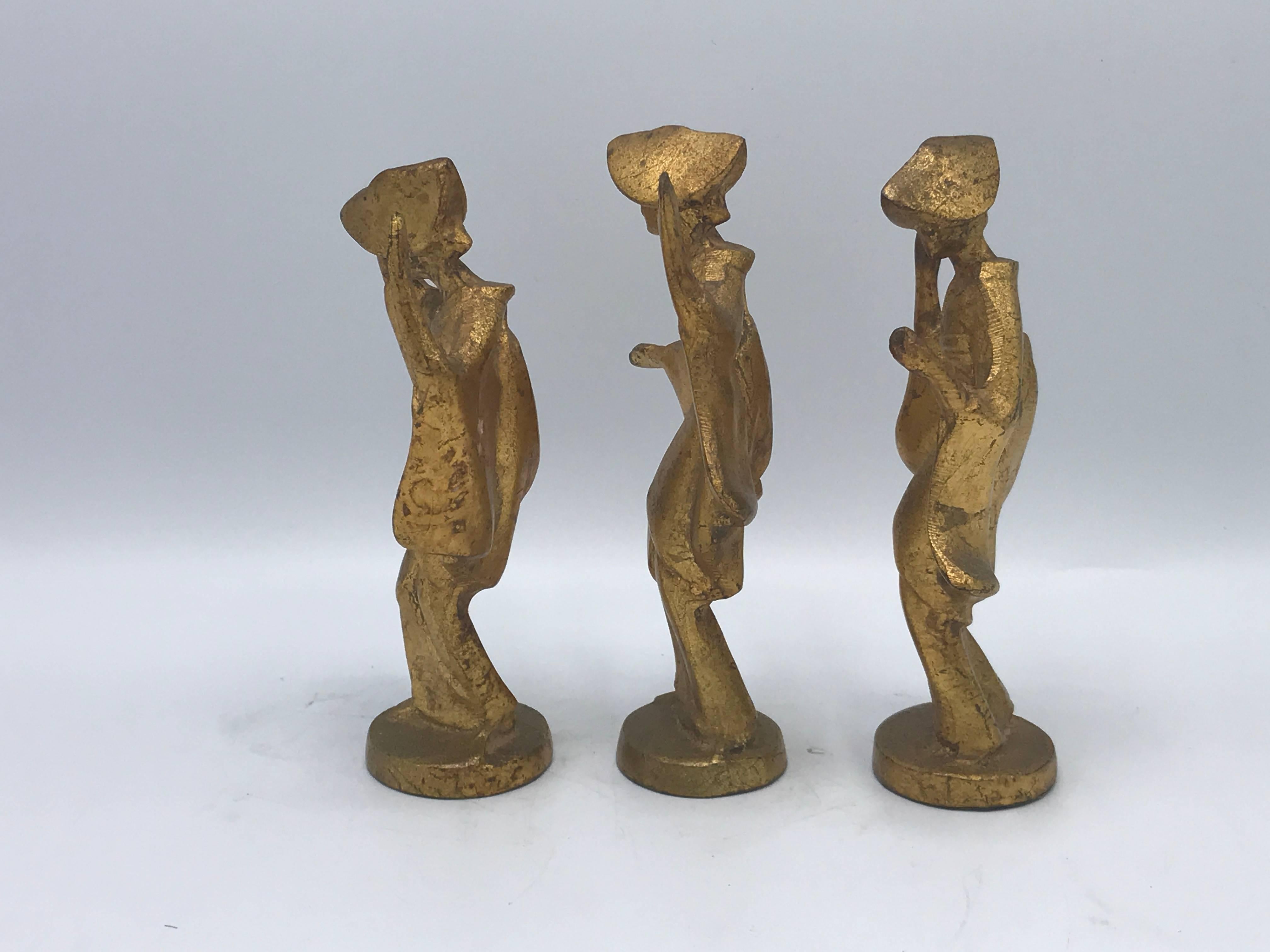 20th Century 1950s Gilded James Mont Style Cast Iron Dancing Geisha Figures, Set of Three