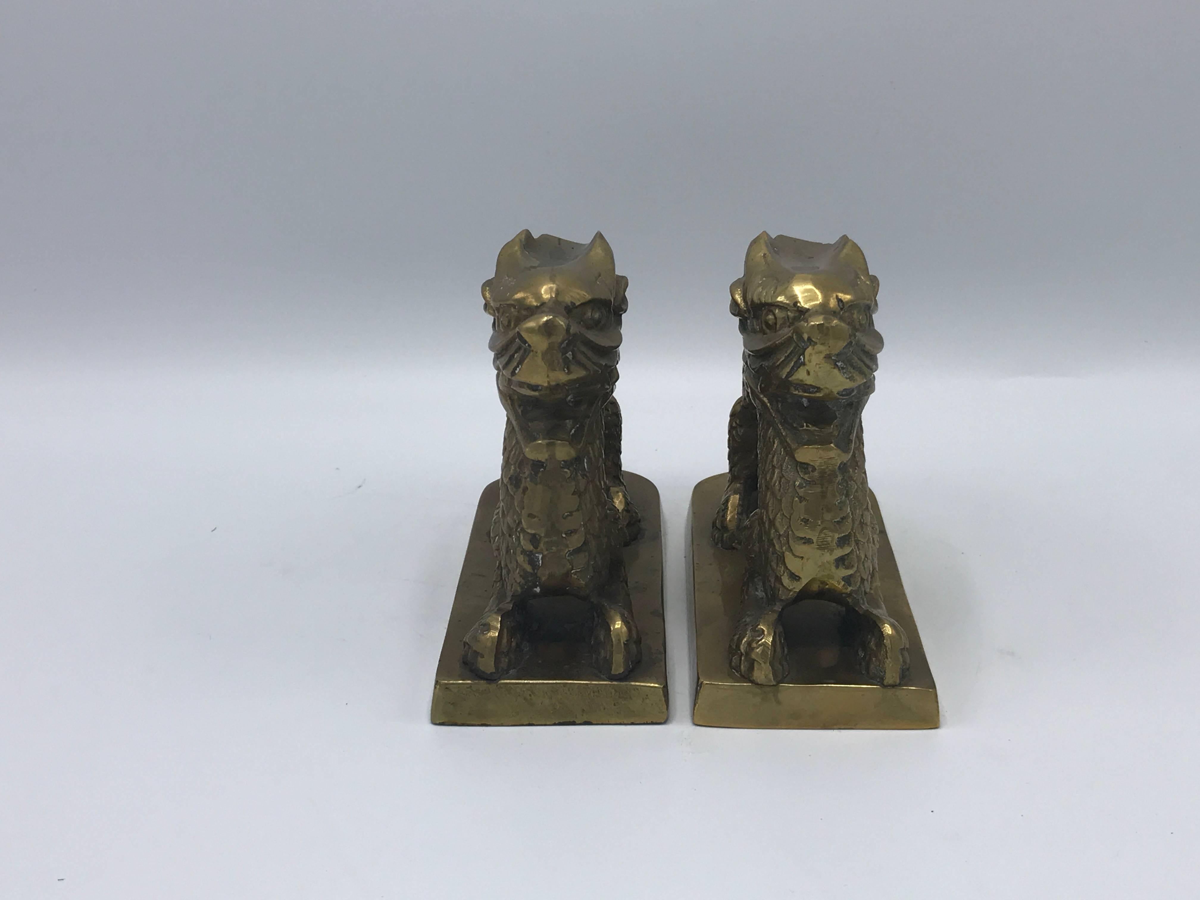 20th Century 1960s Brass Chinoiserie Dragon Bookend Sculptures, Pair