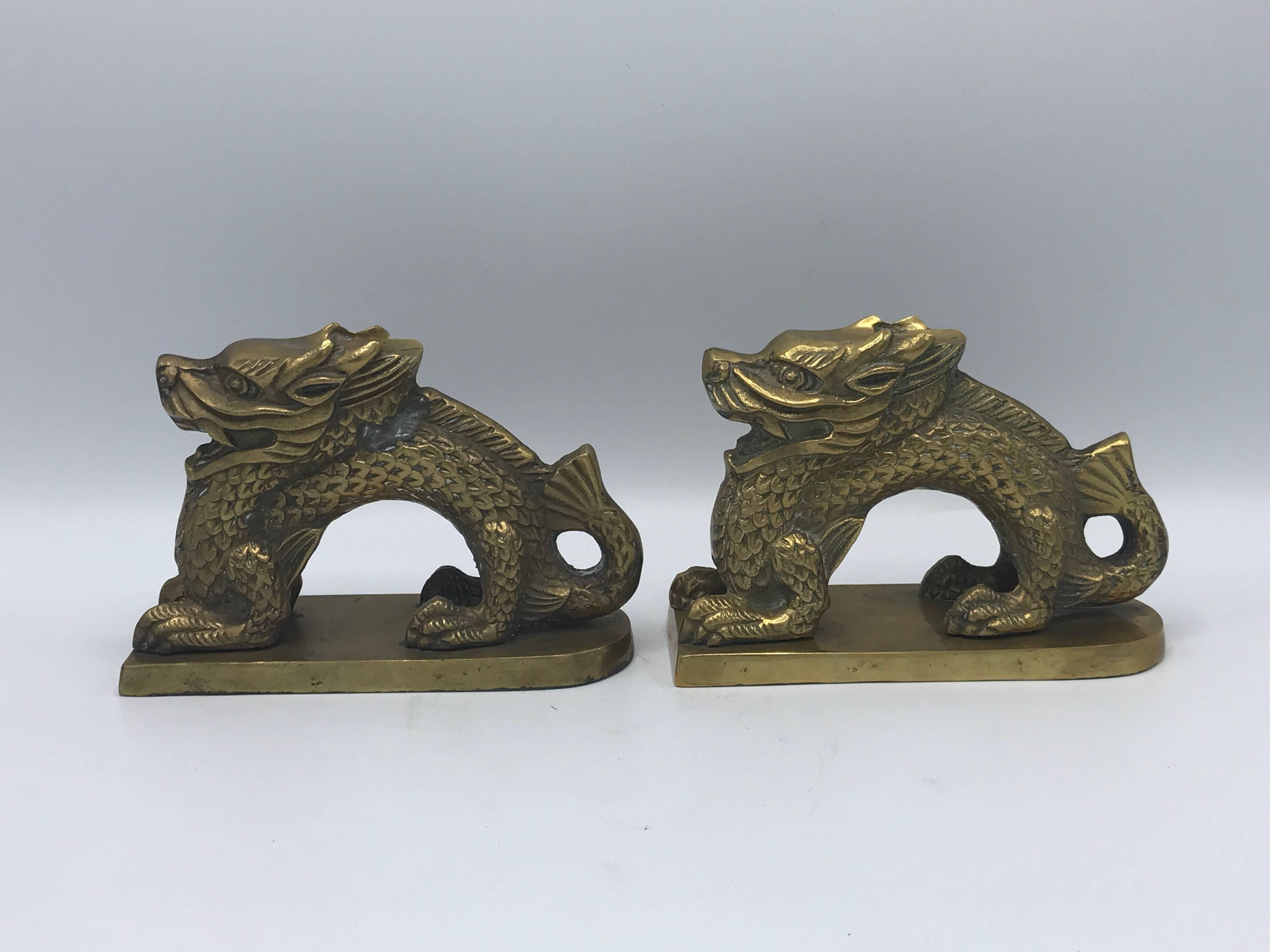1960s Brass Chinoiserie Dragon Bookend Sculptures, Pair In Good Condition In Richmond, VA