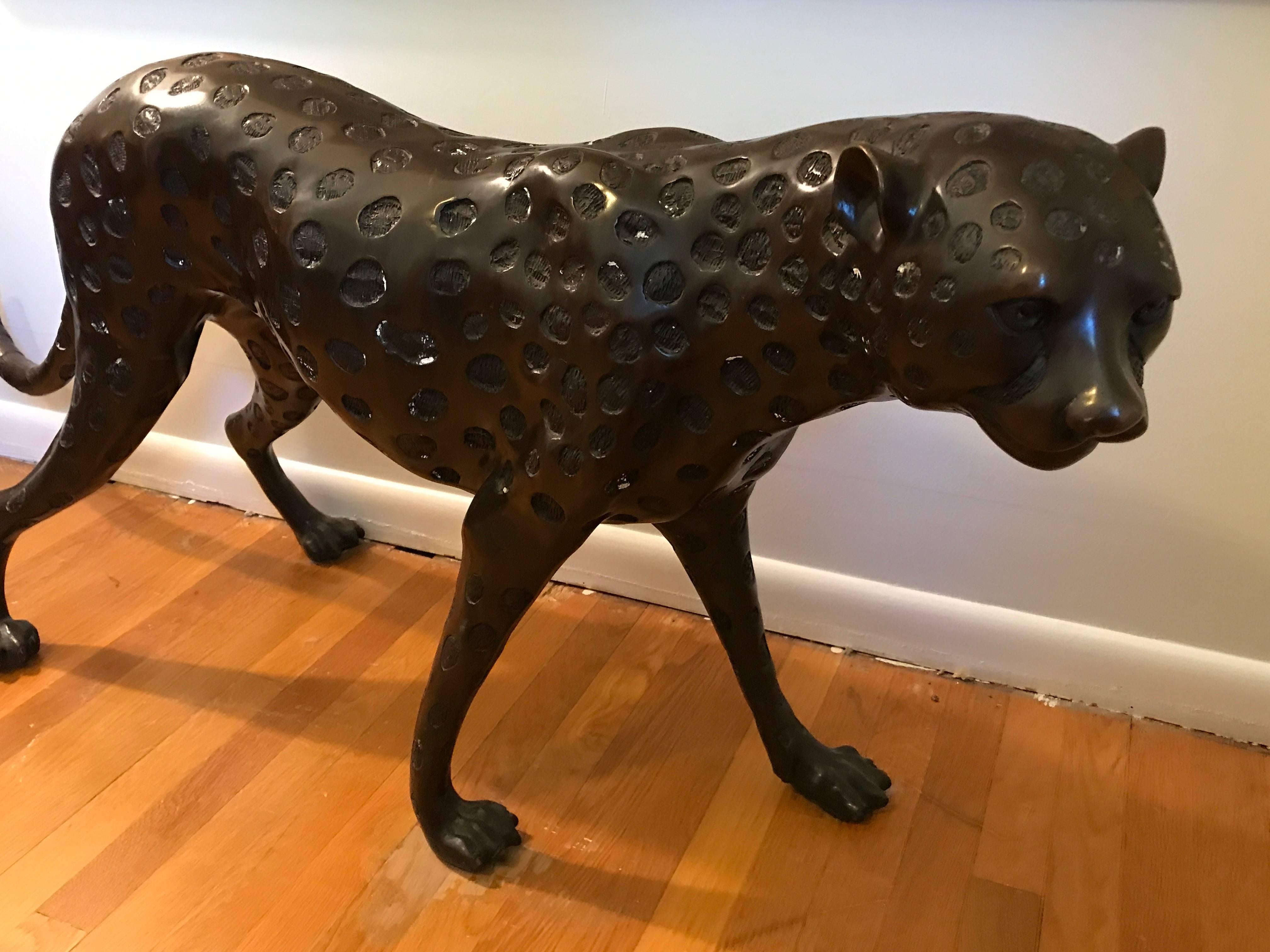 Modern 1970s Life-Sized Bronze Leopard Sculpture