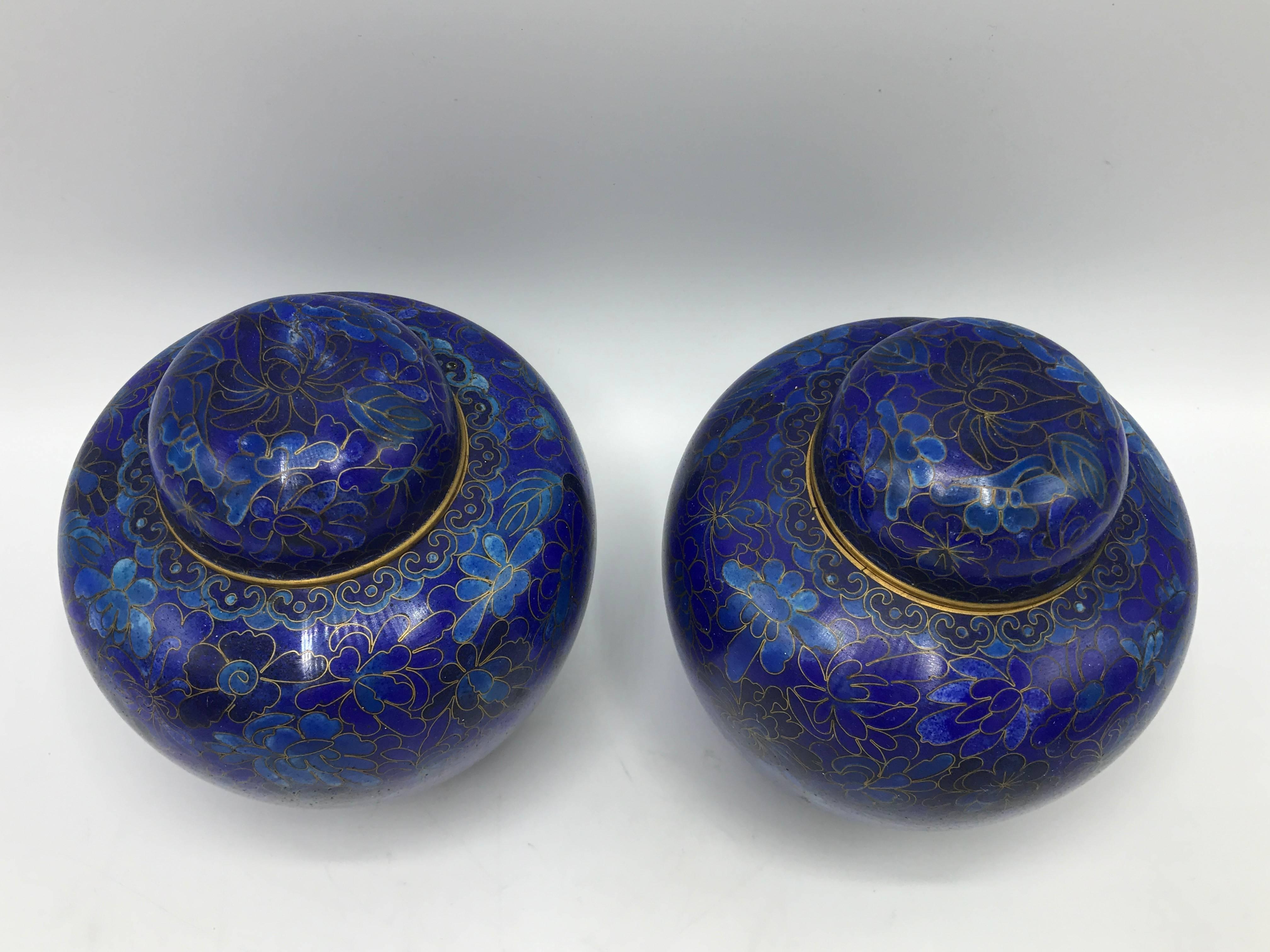 Chinoiserie 1960s Blue Cloisonńe Ginger Jars, Pair