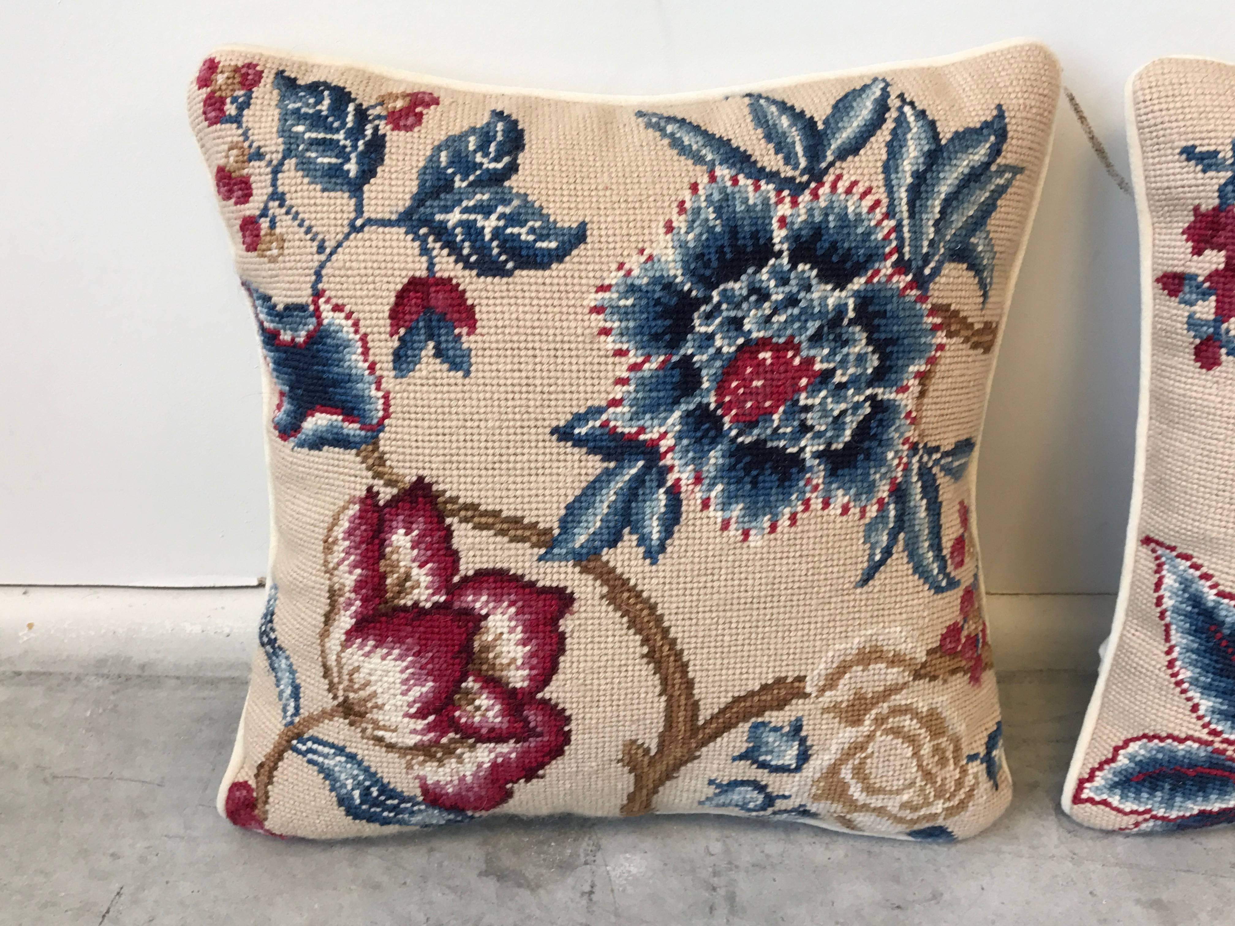 Offered is a gorgeous, pair of 1960s 'Tree of Life' floral motif needlepoint pillows. Velvet backing, zipper closure. Poly-blend inserts.