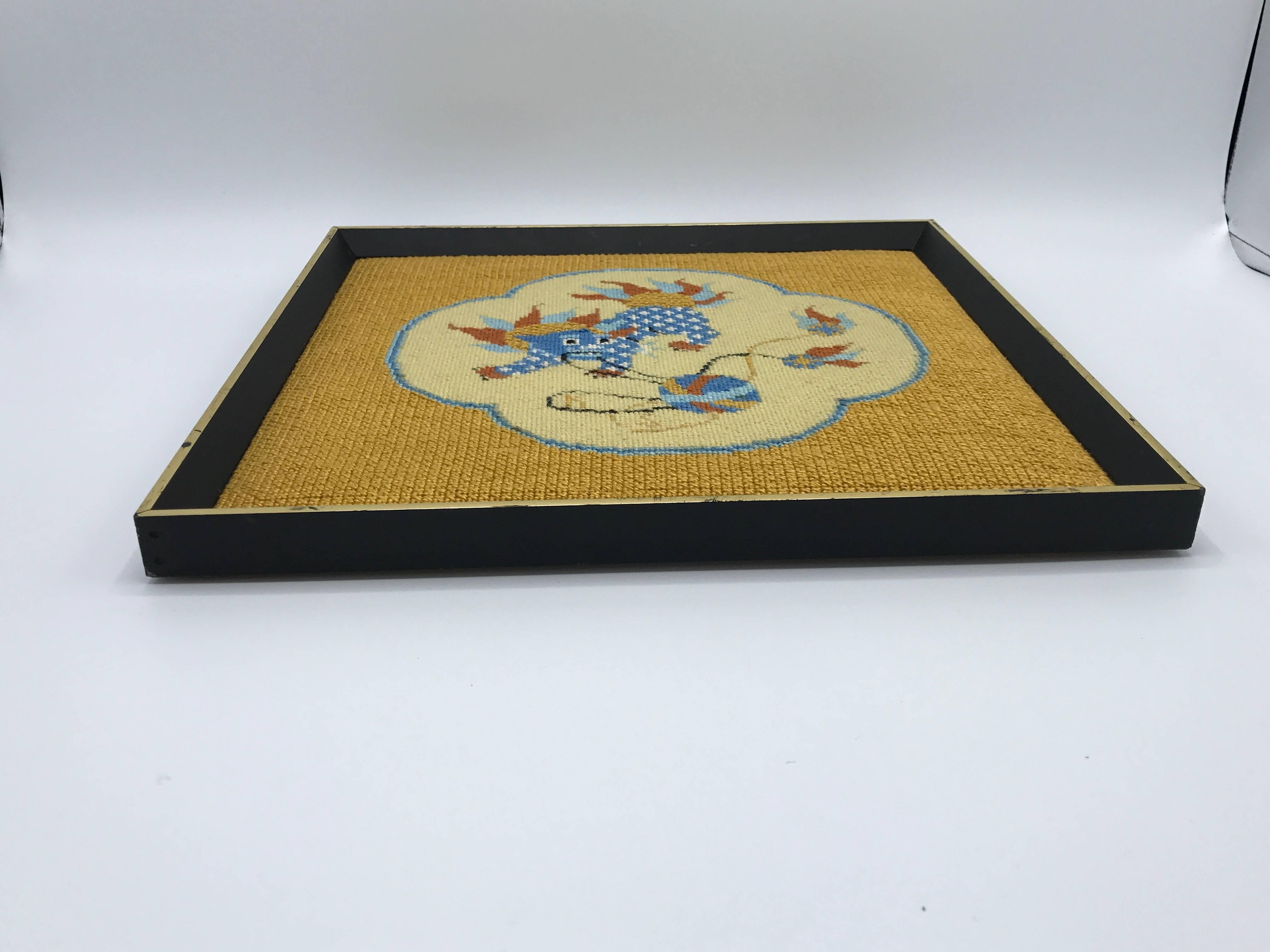 Chinoiserie 1960s Blue Foo Dog Needlepoint, Framed For Sale