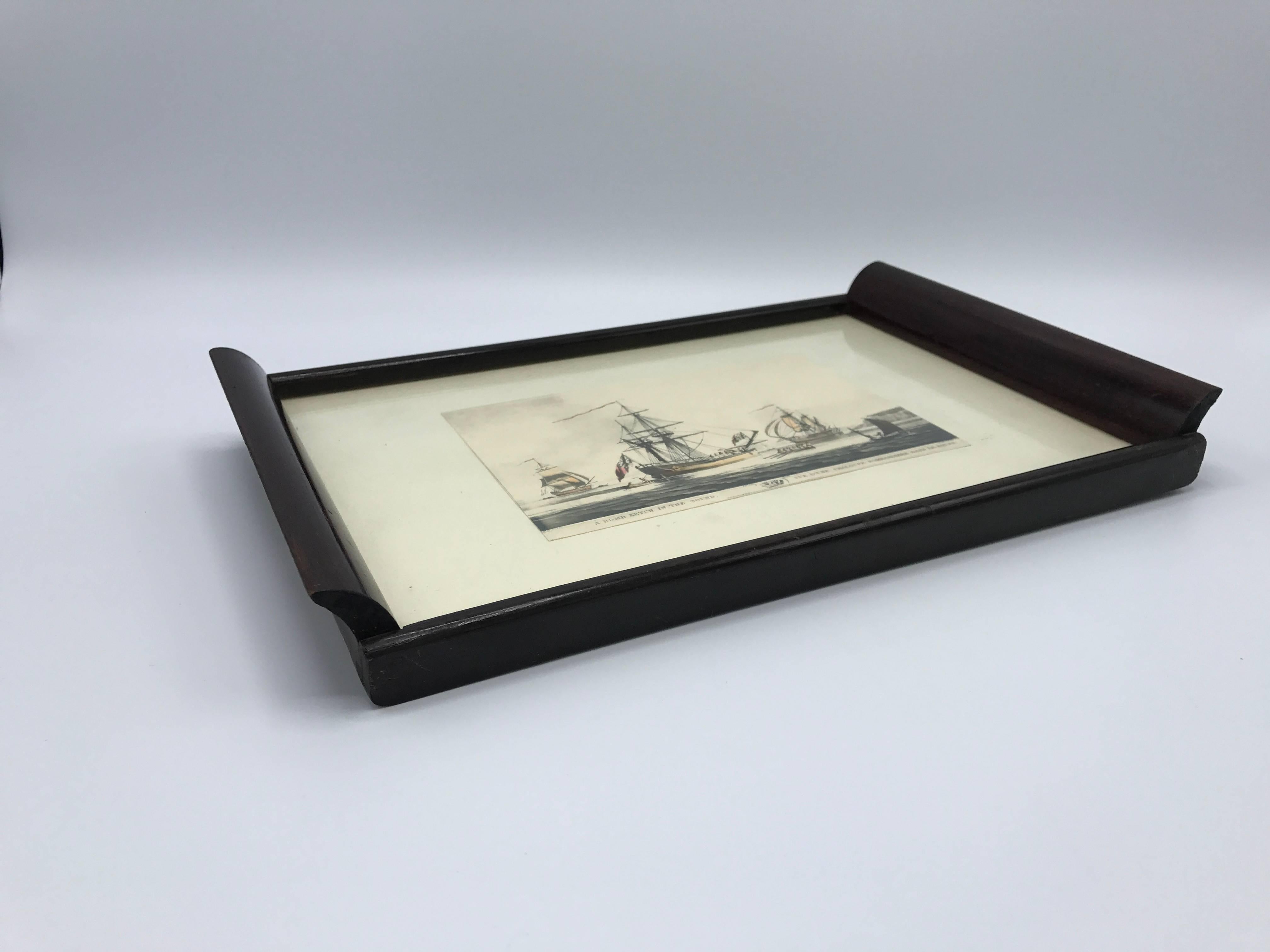 Offered is a gorgeous, 1930s nautical scape in a framed tray. Piece can be wall-mounted or on a tabletop as a tray.