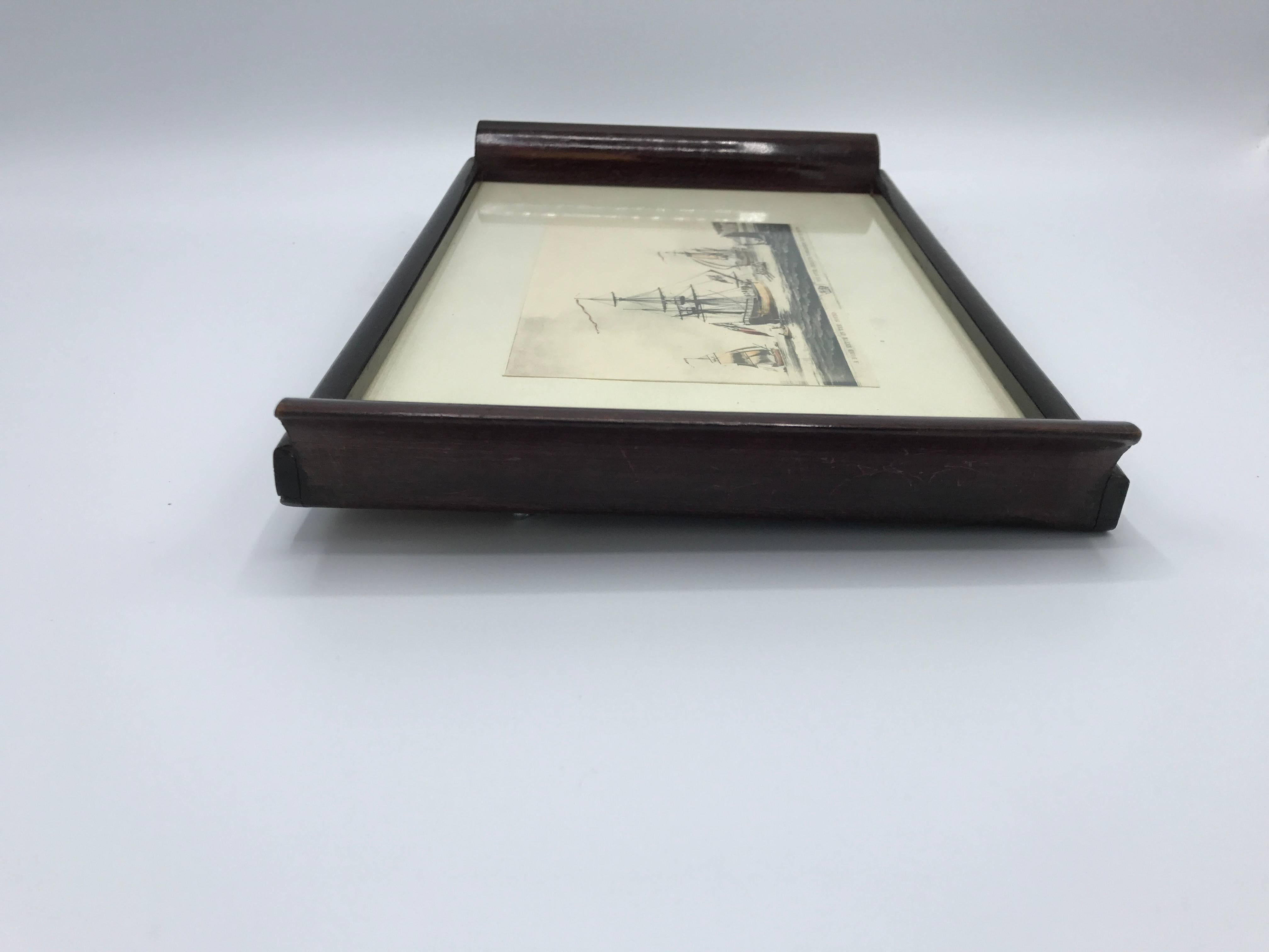 1930s Sailboat Nautical Scape Tray with Wood In Excellent Condition For Sale In Richmond, VA
