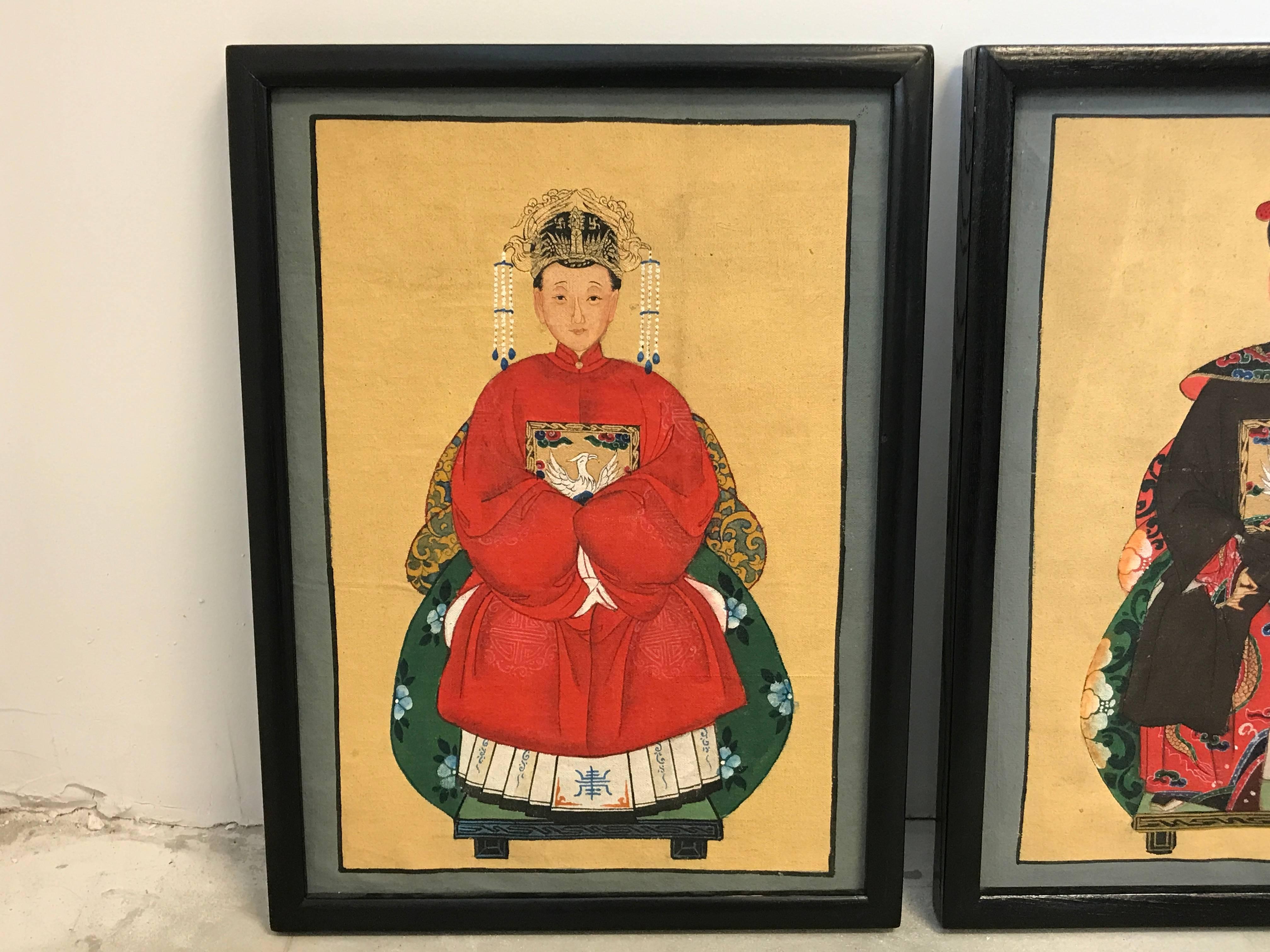 Offered is a stunning pair of 1960s Asian emperor and empress framed paintings on canvas.