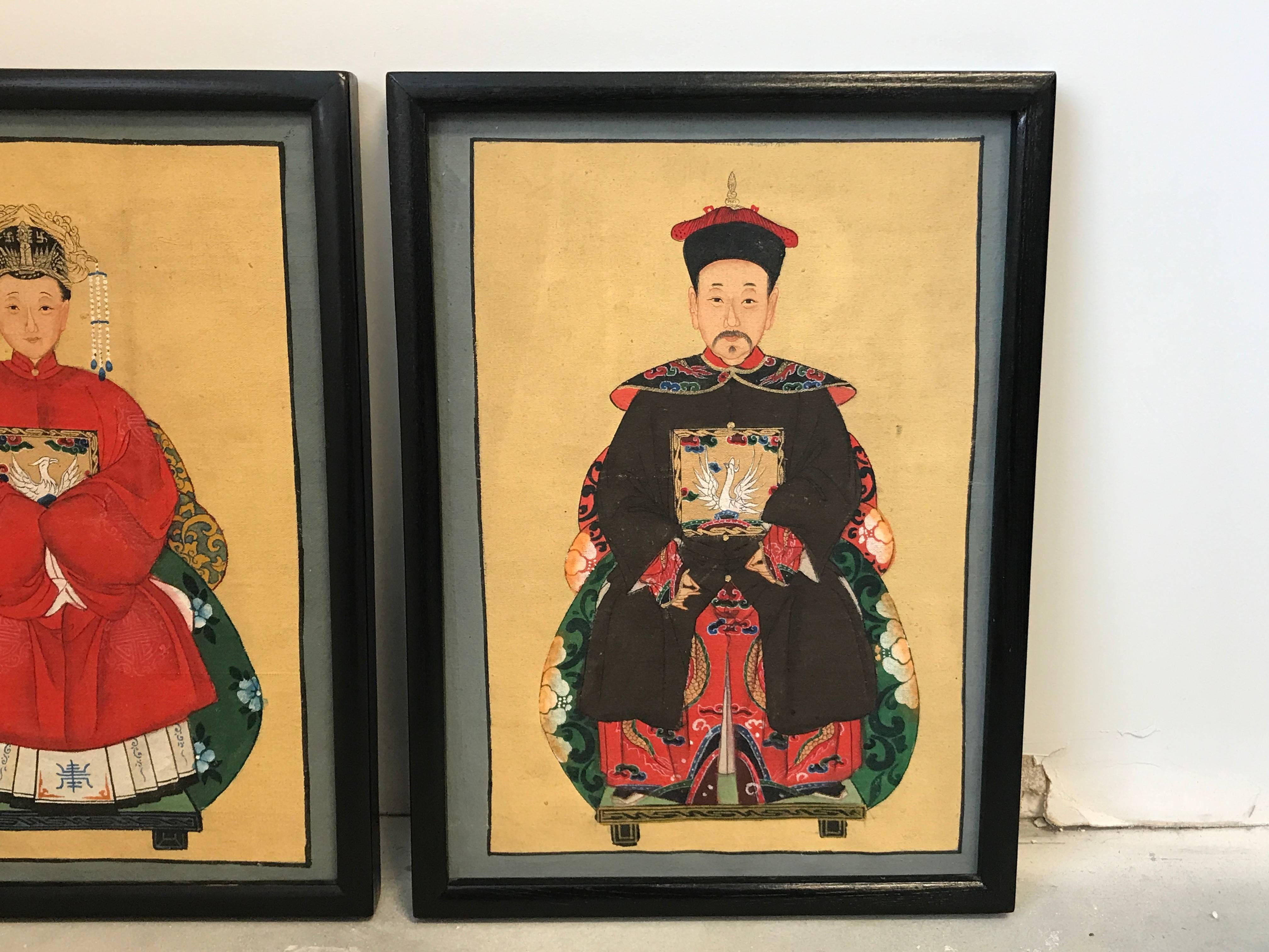 Chinoiserie 1960s Asian Emperor and Empress Framed Paintings, Pair For Sale
